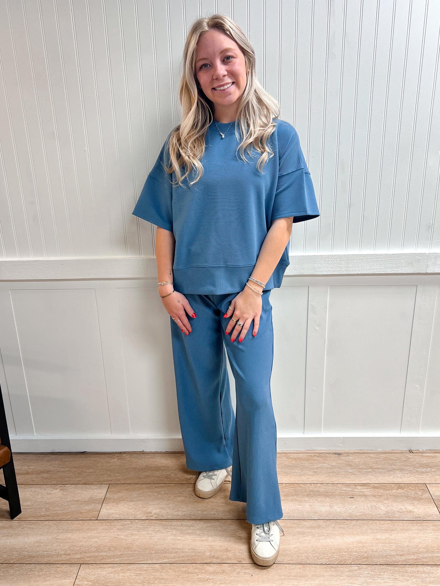 Jovie Ribbed Round Neck Tee & Pants Set – Soft Knit Two-Piece Lounge Outfit - Dusty Blue-Outfit Sets-Zenana-The Twisted Chandelier