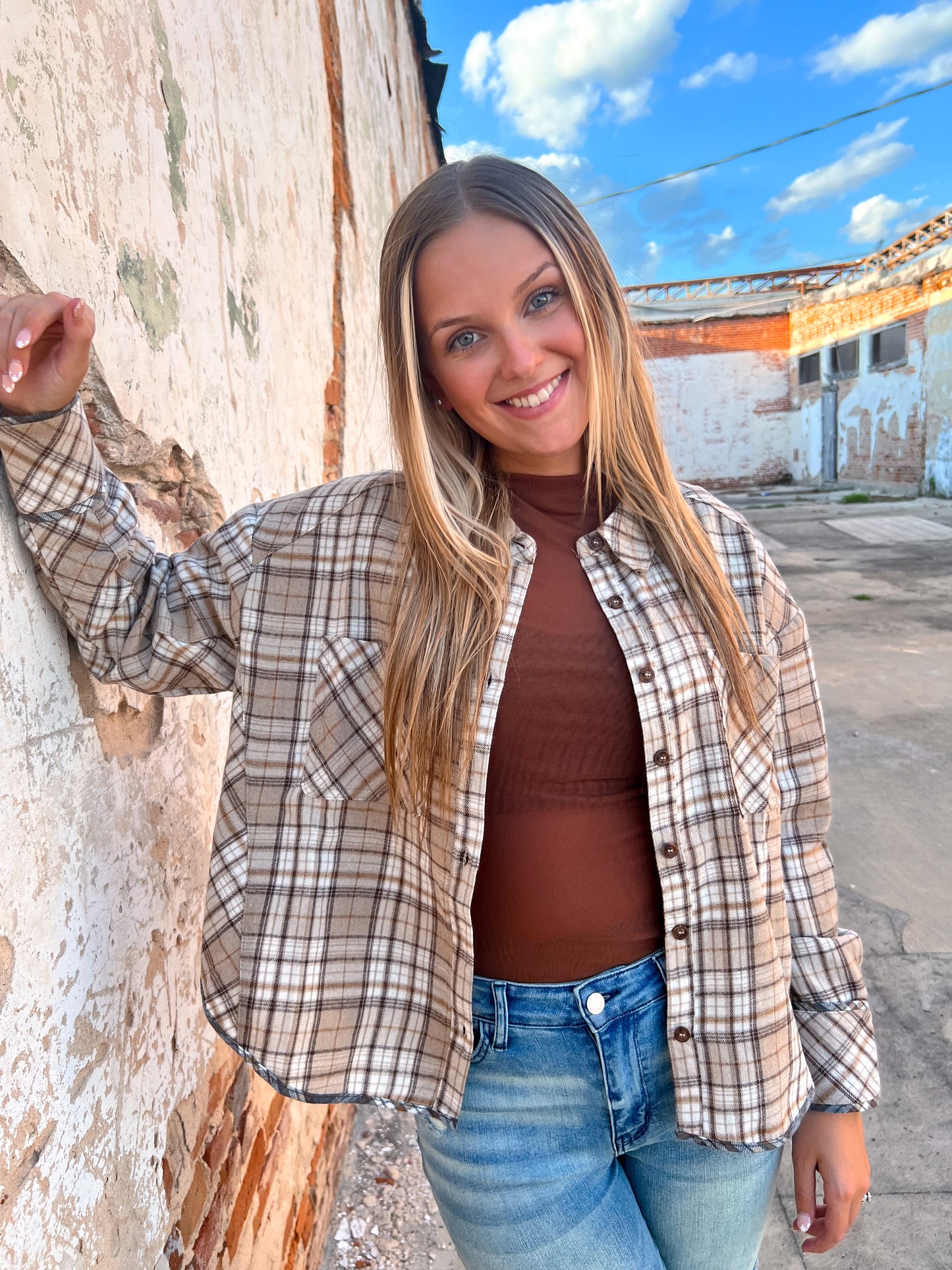 Bernice Cuff Detail Plaid Oversized Button Up Shirt - Beige-Top-VERY J-BIN A4-The Twisted Chandelier