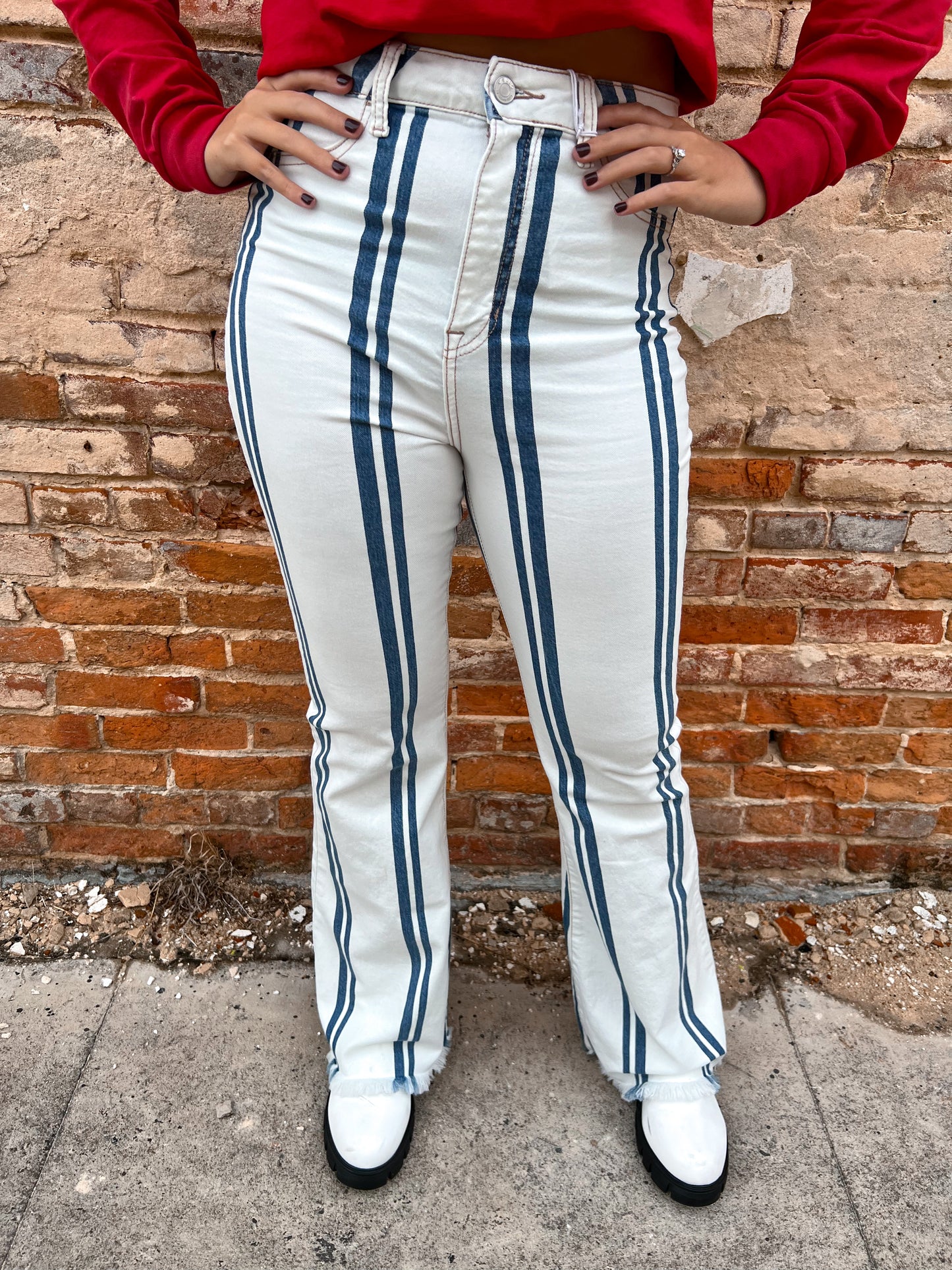 Raylee Stripe High Rise Fray Hem Super Flare Cello Jeans-Pants-Cello-WV38257STR-The Twisted Chandelier