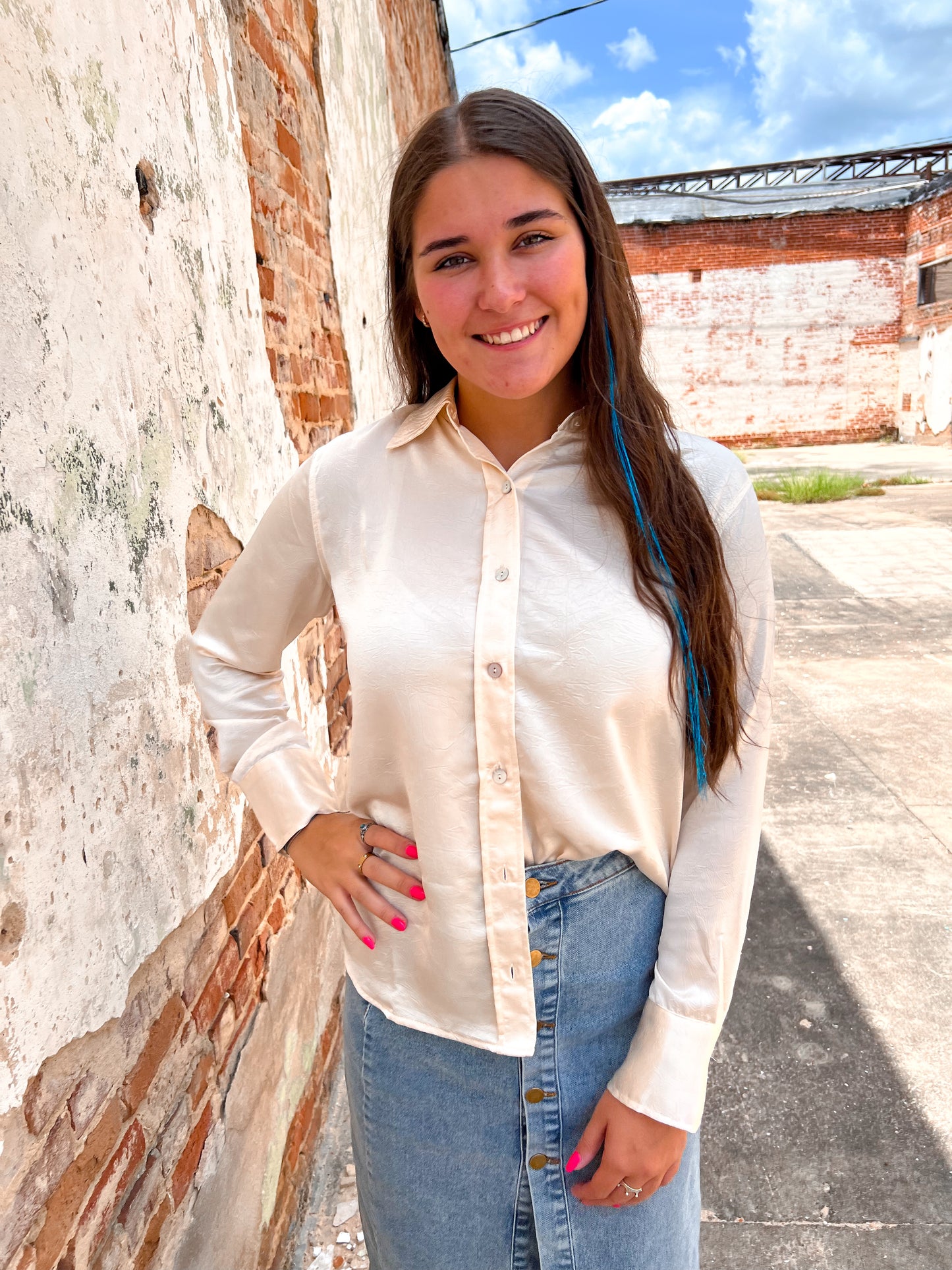 Tanna Crushed Satin Button Up Blouse-Shirts & Tops-blue b.-CR 08/06/24,FD 10/15/24,Tops Collection-The Twisted Chandelier
