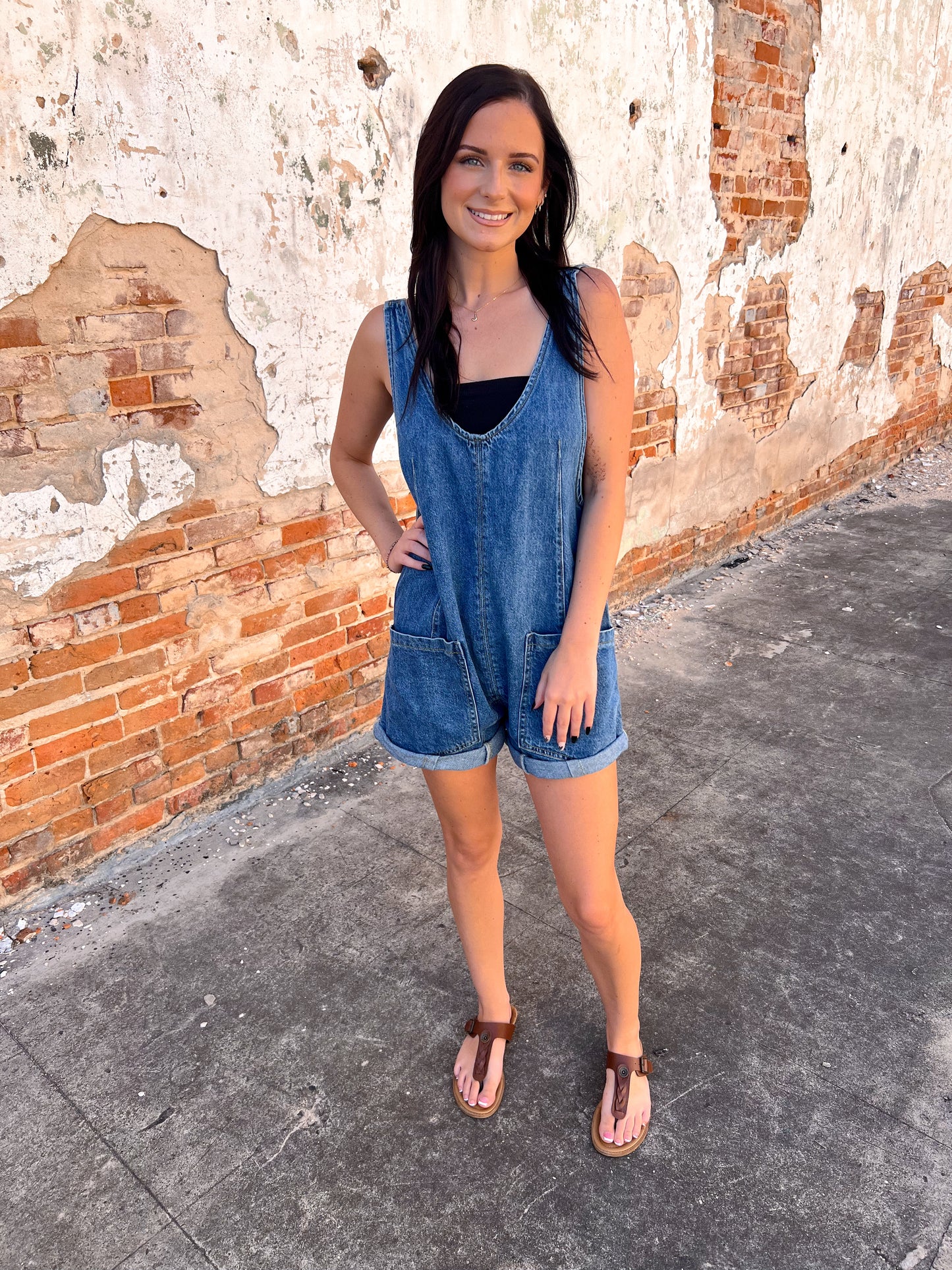 Lexie Denim Sleeveless Romper-Romper-ee:some-05/11/25,1st md,Bin d2,BK11619,DJR,OGP 67.99-The Twisted Chandelier