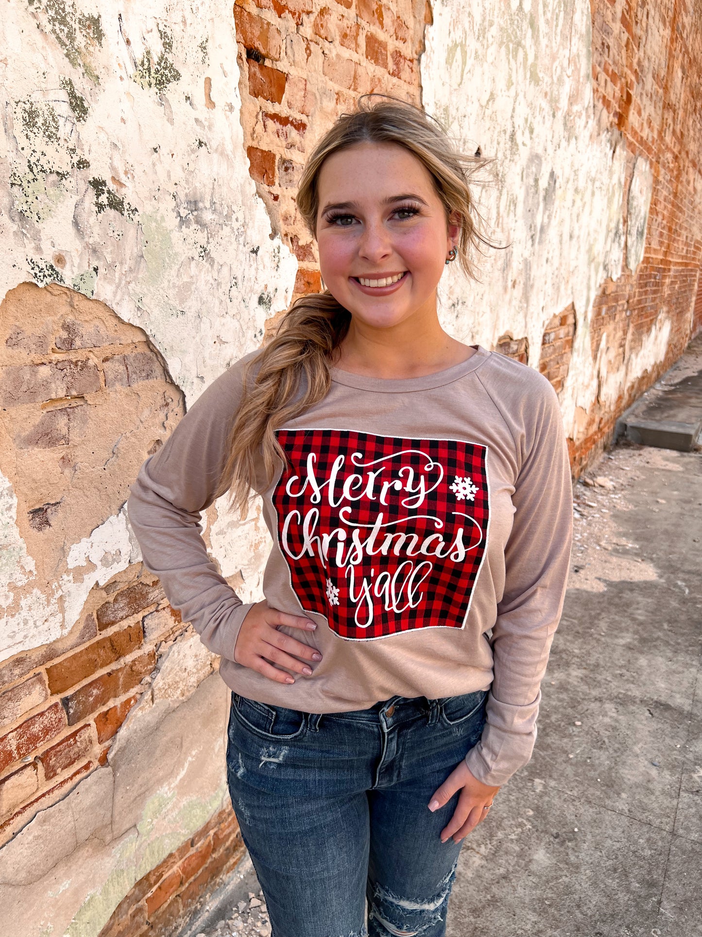 Merry Christmas Y'all Buffalo Plaid on Beige Top-BLOUSE TOP-Southern Grace Wholesale-BIN C4-The Twisted Chandelier