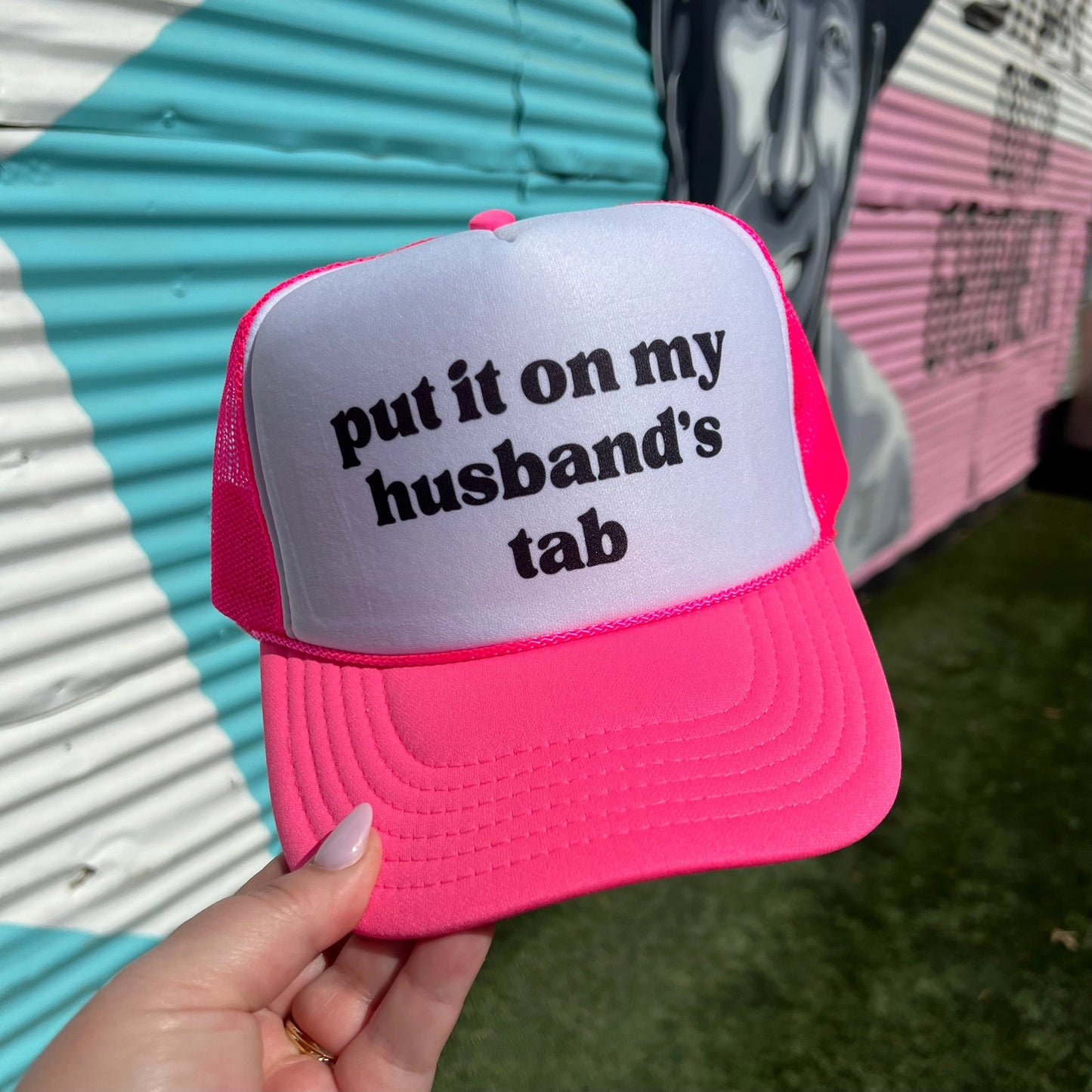 Put it on my Husband’s Tab Snapback Foam Trucker Hat-Trucker Hat-Turquoise & Tequila-CR 04/21/25-The Twisted Chandelier