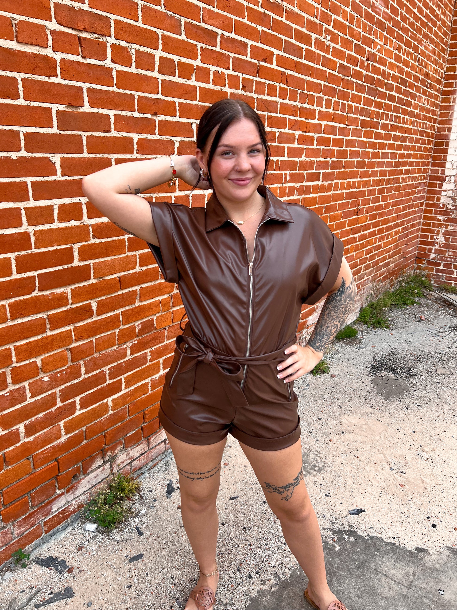 Lexa Faux Leather Romper With Tie-Romper-day+moon-Max Retail-The Twisted Chandelier