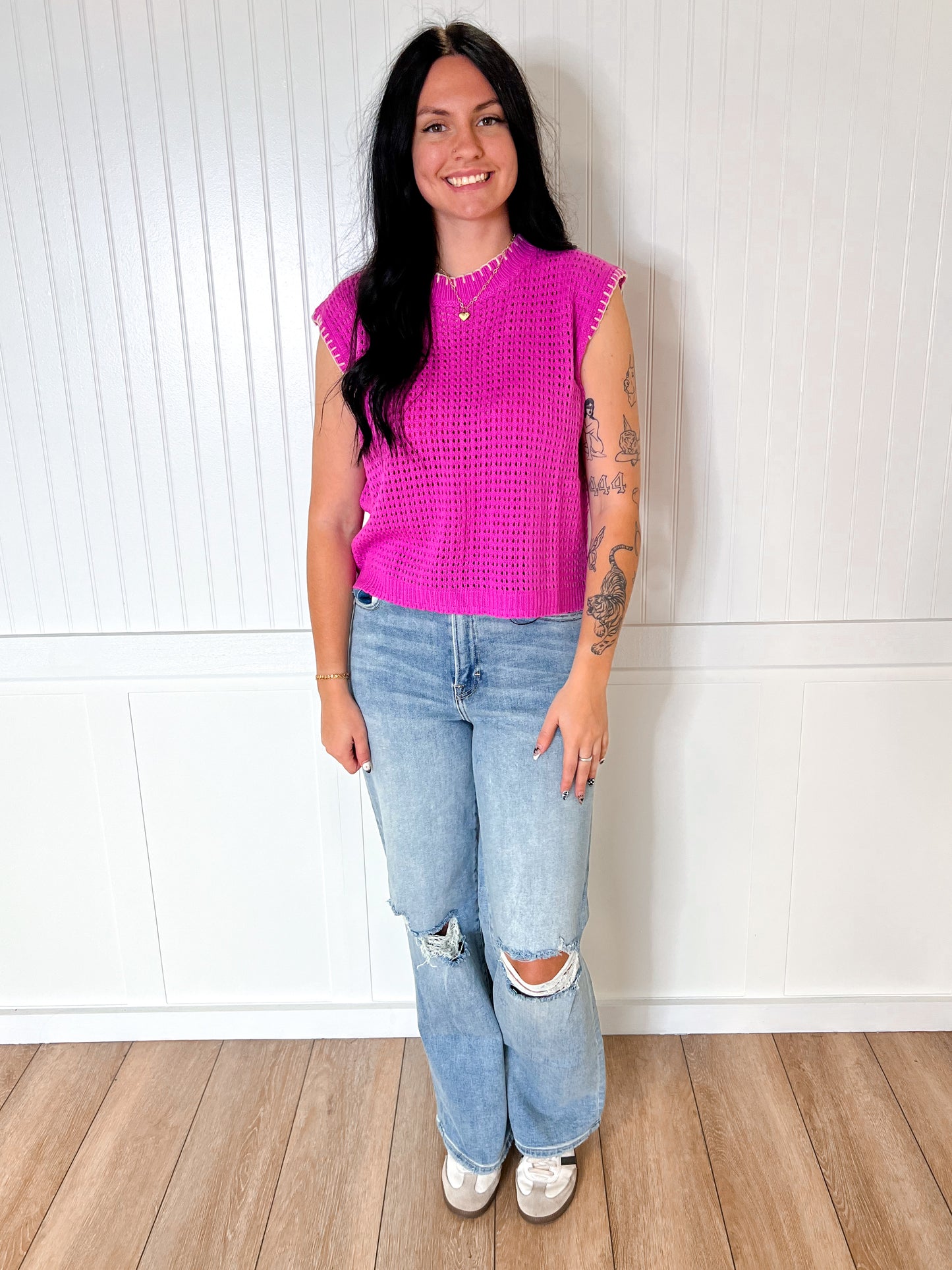 Winnie Crochet Knit Stitching Detailed Sleeveless Top-La Miel-1st md,Bin B5,FD 07/29/25,MDS3597,OGP 46.99,Tops Collection-The Twisted Chandelier