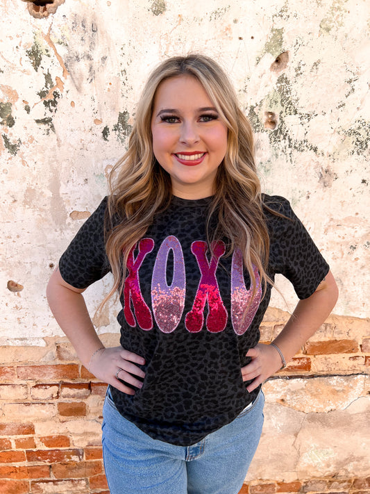Leopard XOXO Short Sleeve Embroidered Patch Tee-Graphic T-Shirt-Southern Belle Wholesale-Bin C1-The Twisted Chandelier