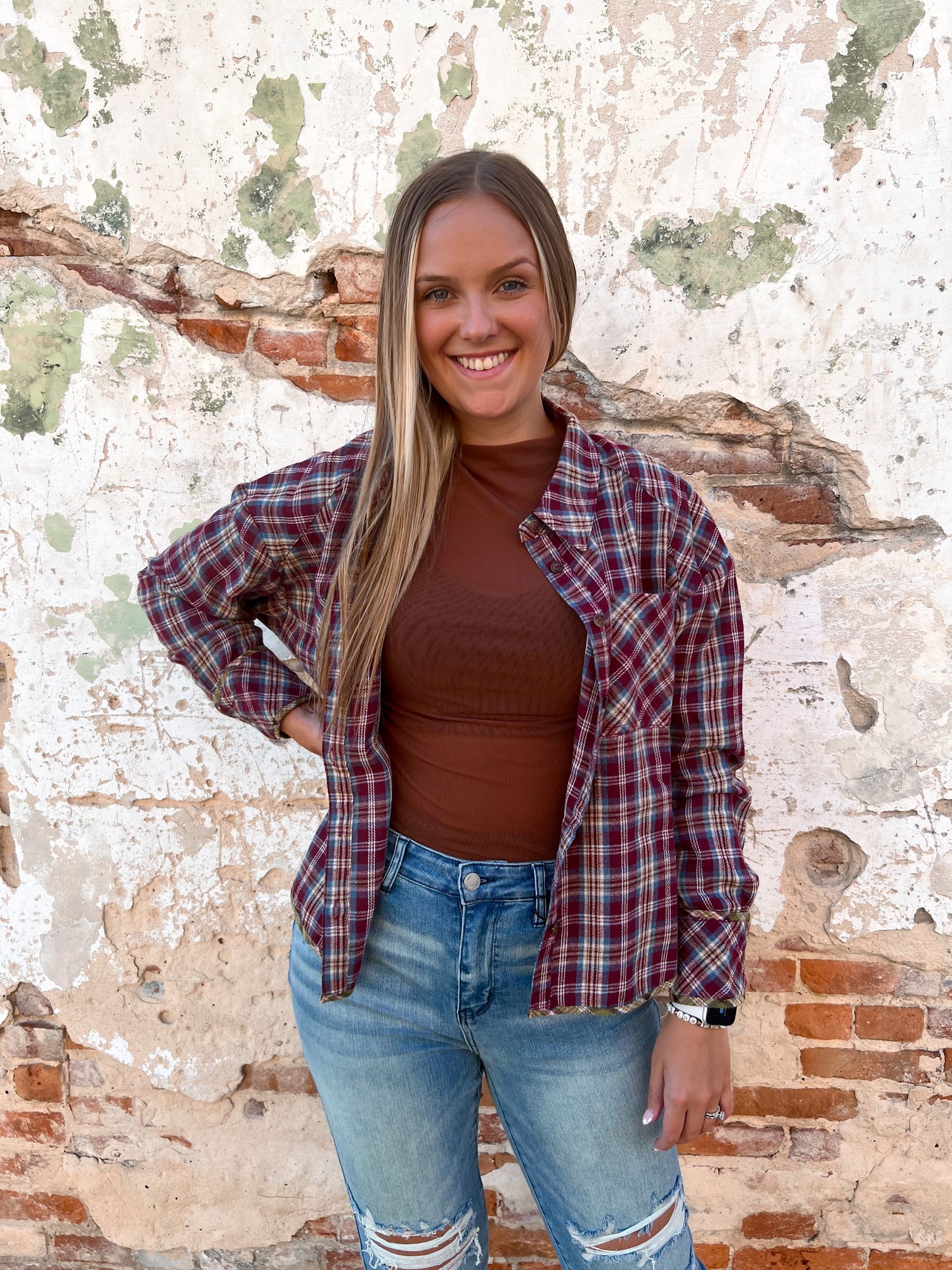 Bernice Cuff Detail Plaid Oversized Button Up Shirt - Wine-Top-VERY J-BIN A4-The Twisted Chandelier