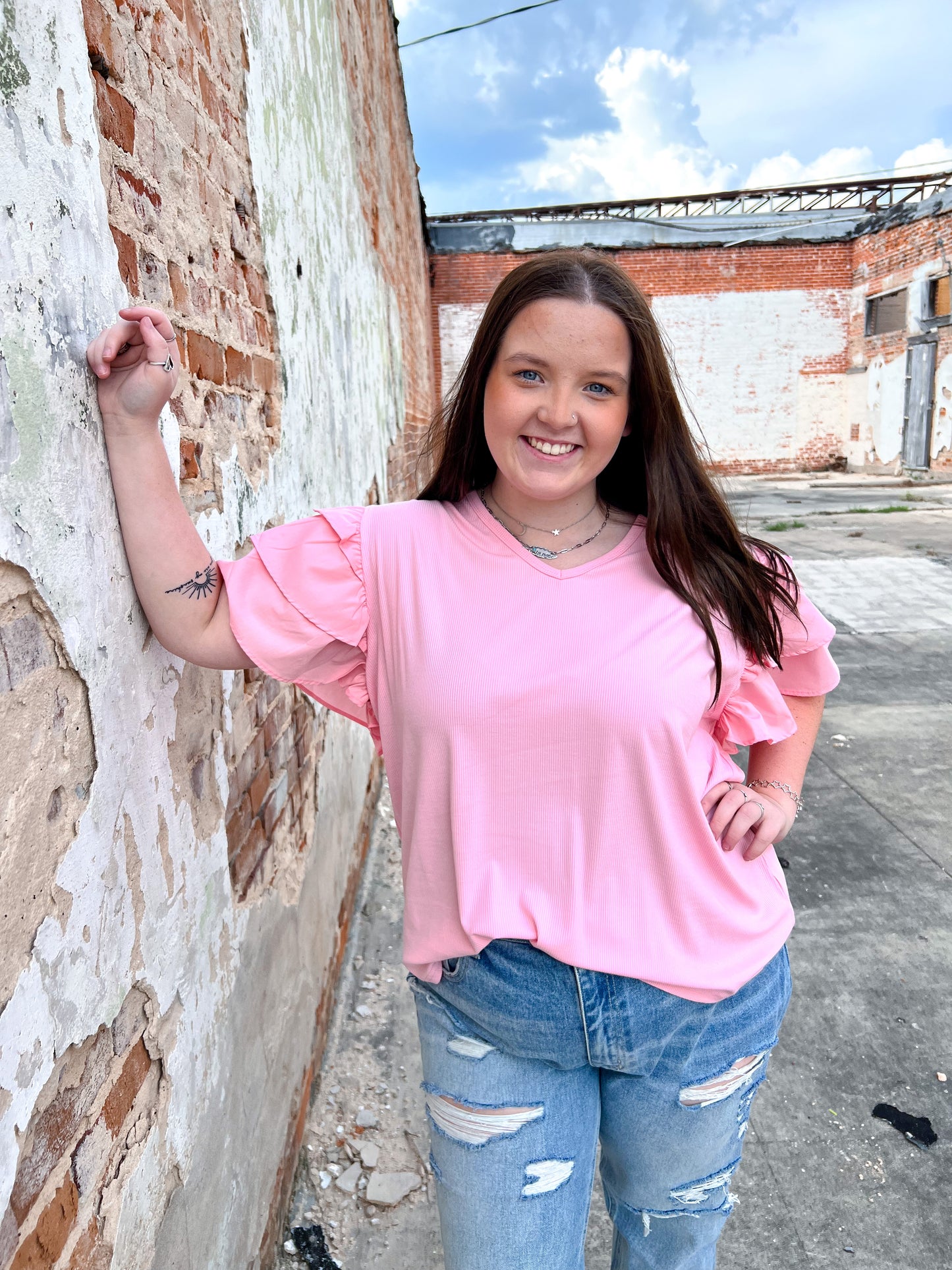 Leala Ribbed Top With Ruffle Sleeves-Top-Southern Grace Wholesale-7/11/23-The Twisted Chandelier