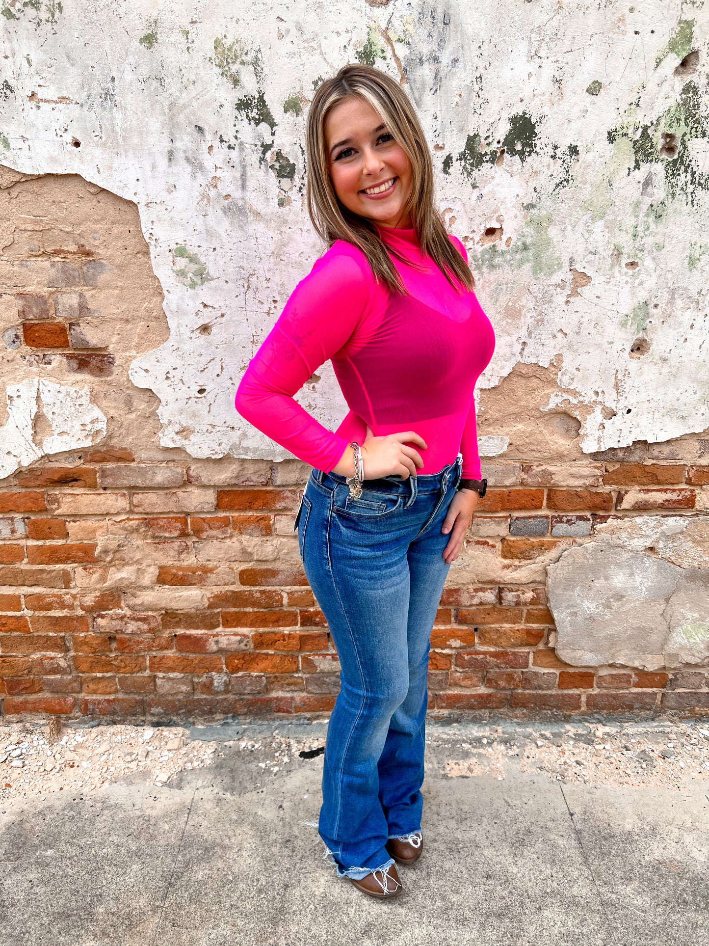 Alanna Pink Long Sleeve Mesh Bodysuit-Top-Lucky & blessed-BIN A3-The Twisted Chandelier