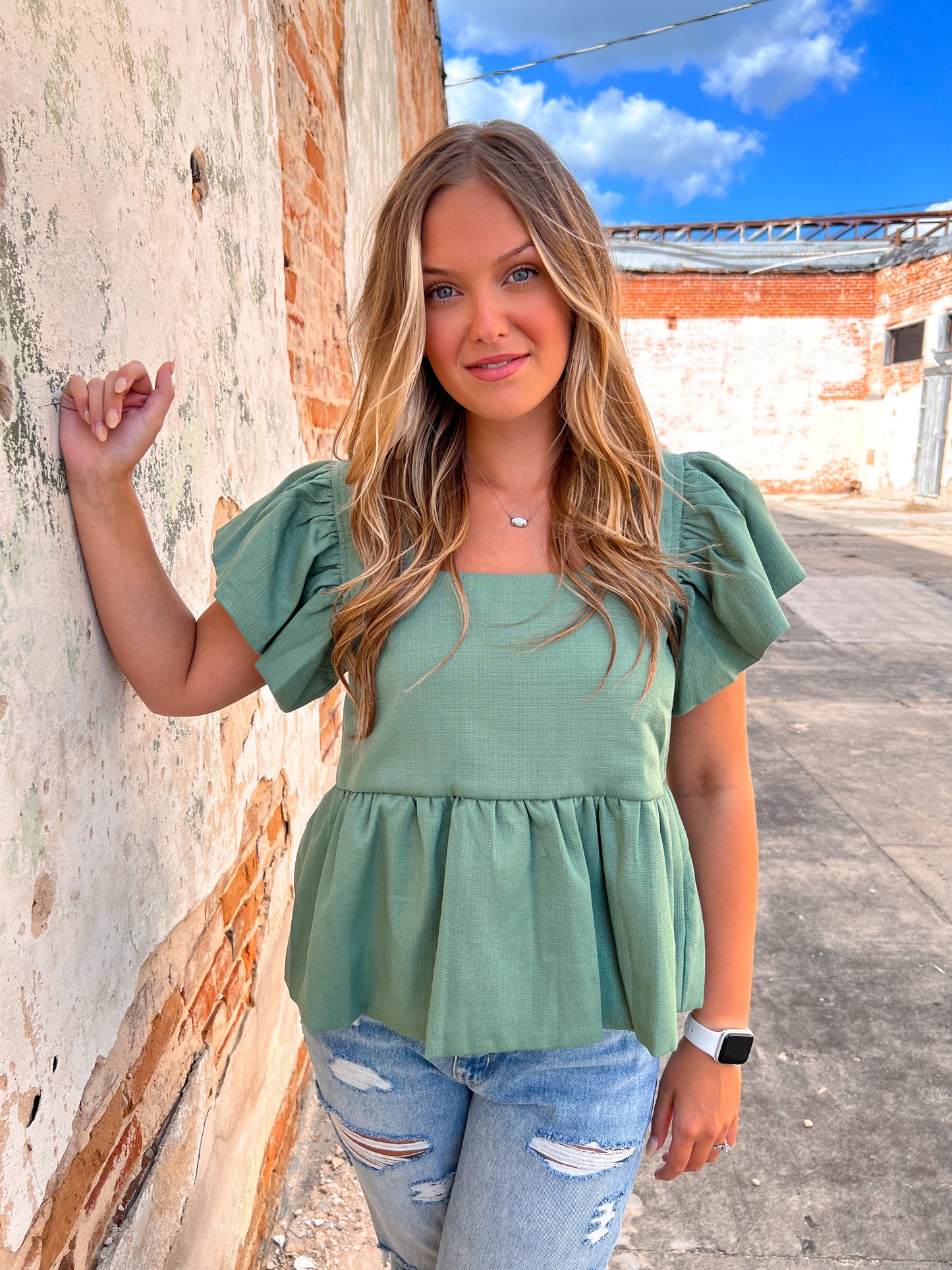 Lenni Textured Solid Square Neck Peplum Top Featuring Ruffle Sleeves.-Top-Entro-7/25/23-The Twisted Chandelier