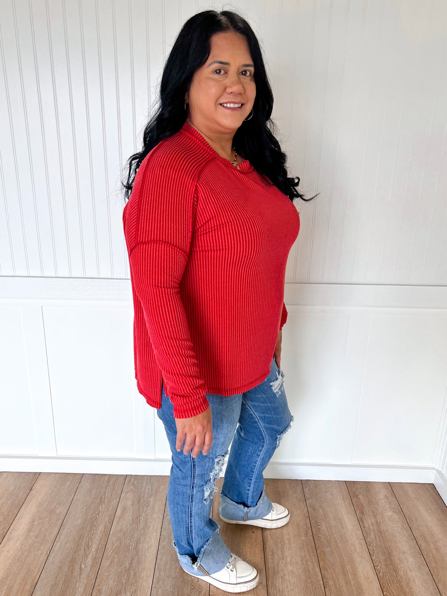 Ellis Raised Rib Raw Edge Boat Neck Long Sleeve Top – Soft Ribbed Knit Pullover-Blouse-BiBi-FD 11/6/25-The Twisted Chandelier