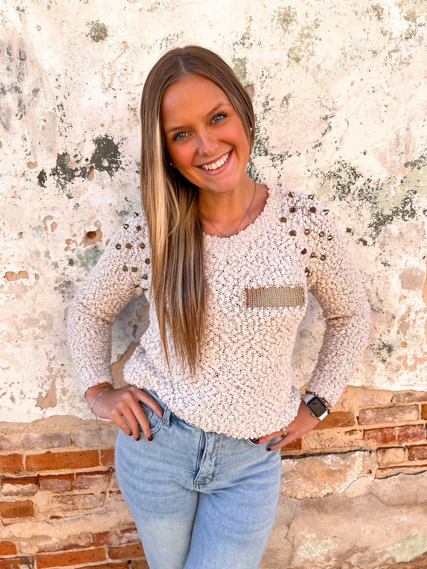 Laylin Cream Sweater with Gold Metal Studs & Mesh-Sweater-Vocal-20011L, t2-The Twisted Chandelier