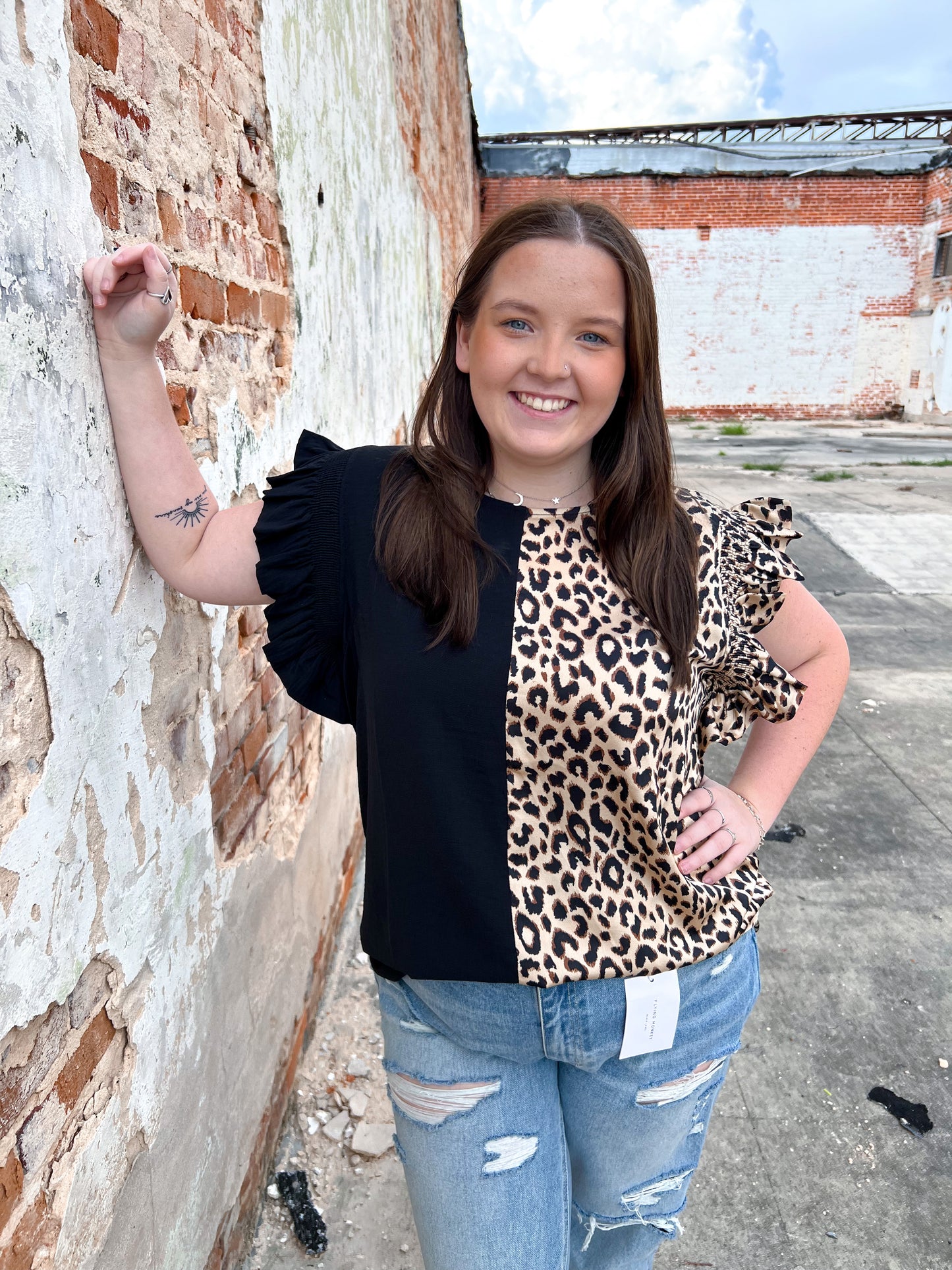 Phoebe Colorblock Leopard Ruffled Shoulder Top - Plus-Top-jodifl-FAVES, G9923-The Twisted Chandelier