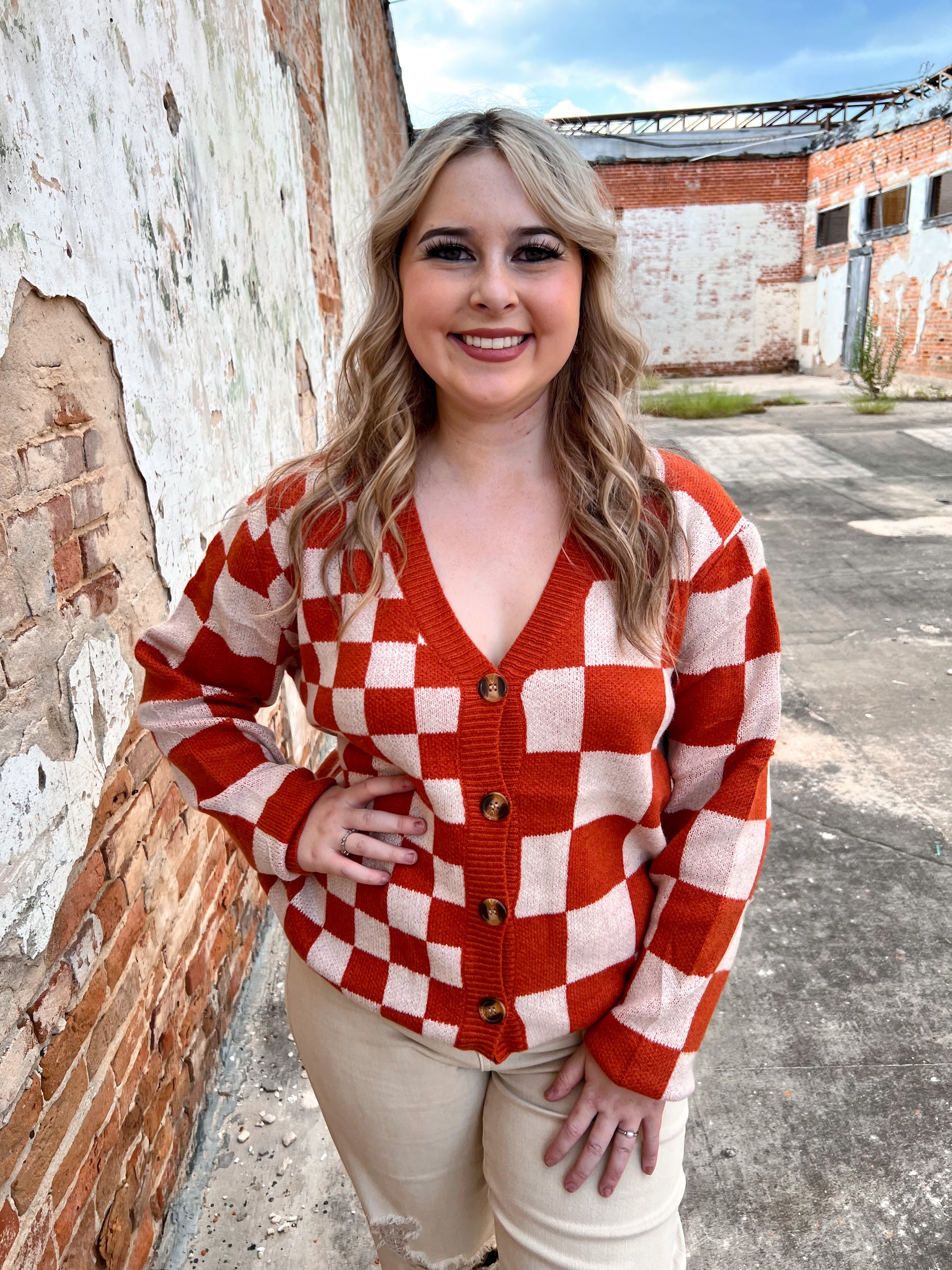 The Ophelia Orange Checkered Cardigan-Cardigan-Southern Grace Wholesale-5390,Max Retail-The Twisted Chandelier