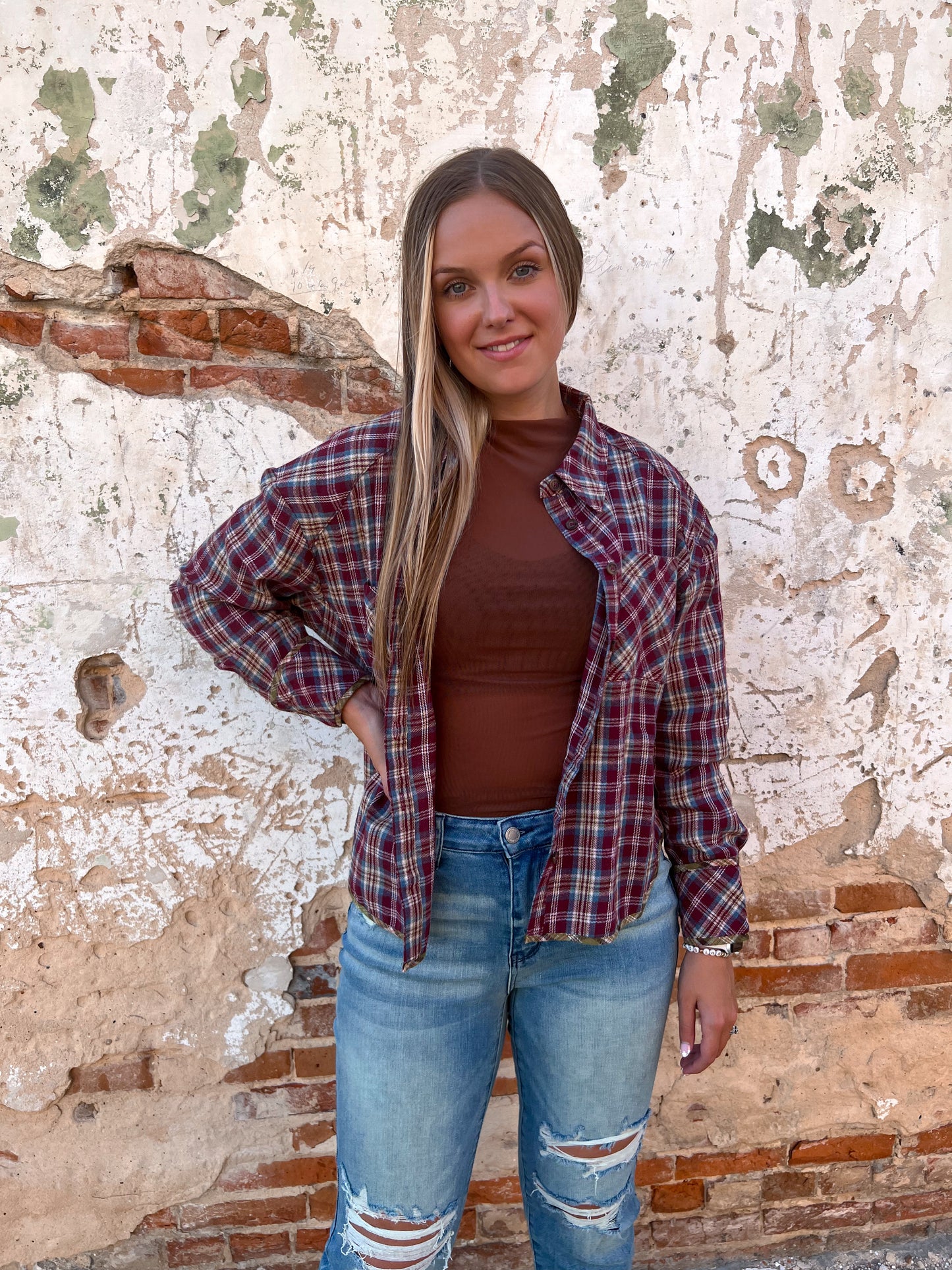Bernice Cuff Detail Plaid Oversized Button Up Shirt - Wine-Top-VERY J-BIN A4-The Twisted Chandelier