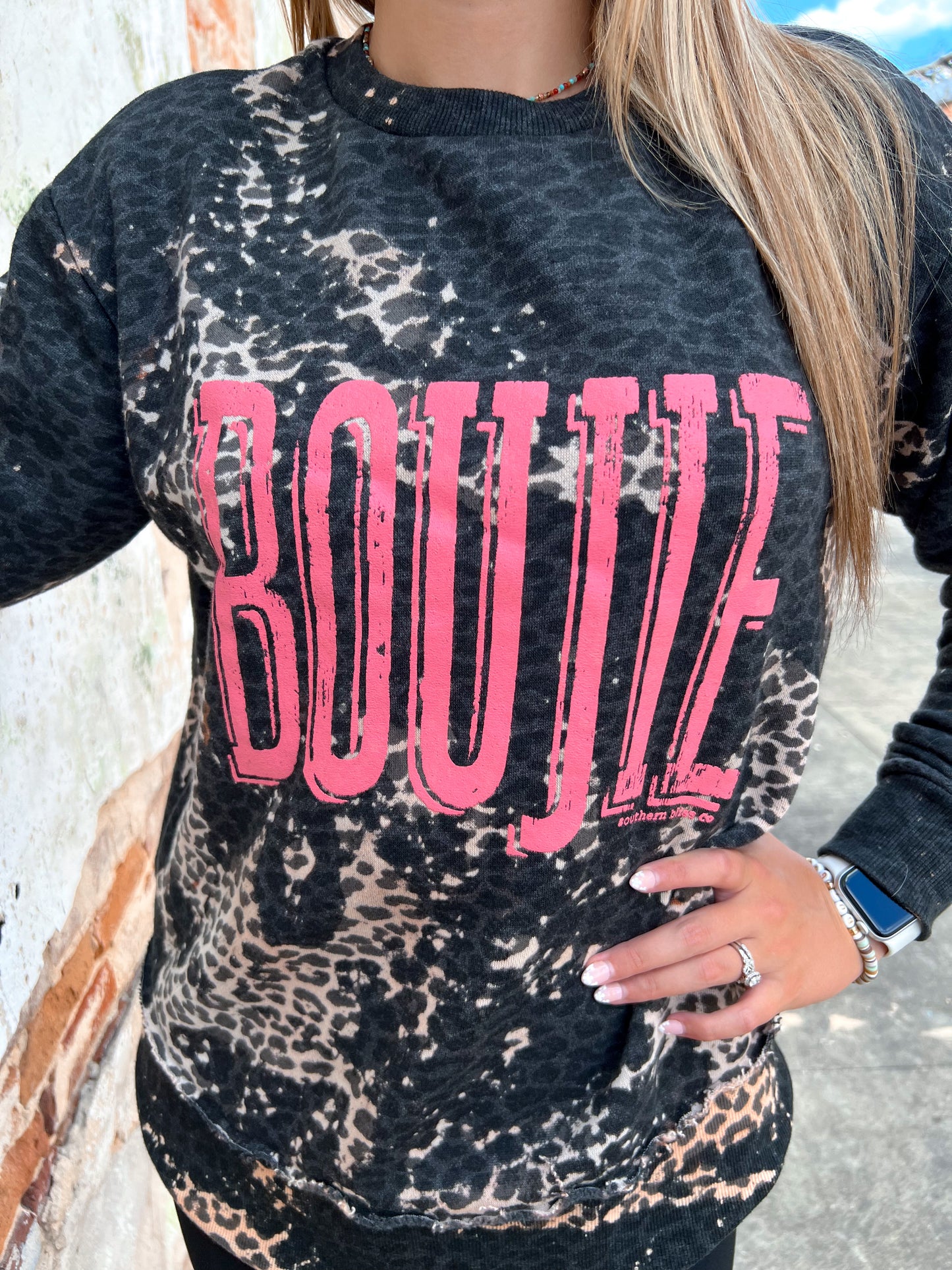 Boujee Bleached Leopard Scoop Sweatshirt-Apparel & Accessories-southern bliss co-BIN D4-The Twisted Chandelier