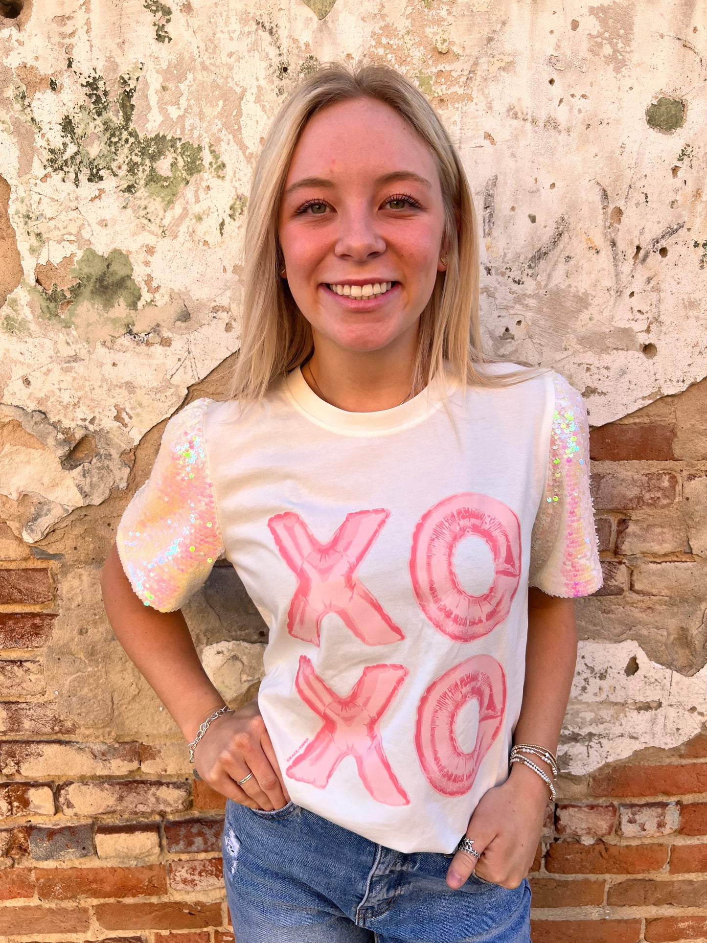 XOXO Sequins Puff Sleeve Top-Shirt-Southern Grace Wholesale-BIN A5,FD 01/07/25,not on the floor only in the bins,Tops Collection-The Twisted Chandelier