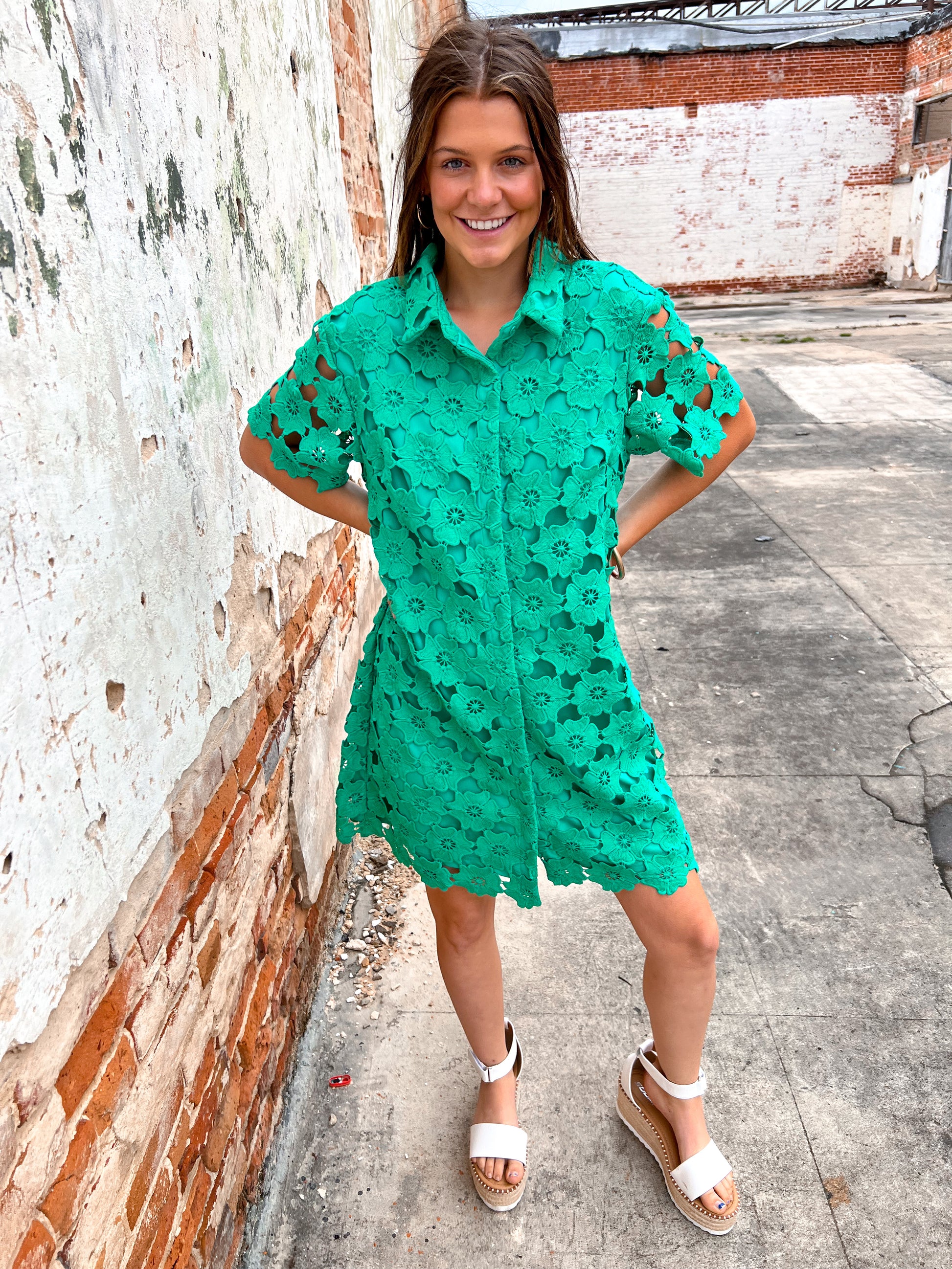 Elyse Floral Lace Button Down Collared A-Line Dress-Apparel & Accessories-Umgee-BIN B5, R0971-The Twisted Chandelier