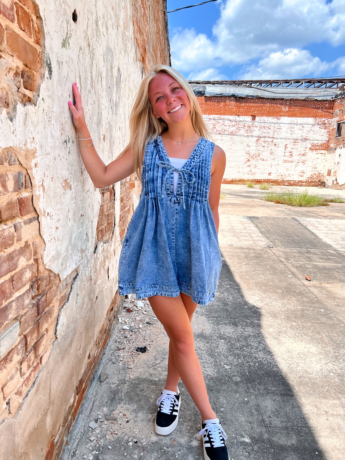 Jesse Pleated V Neck Denim Romper | Medium Wash-Romper-Veveret-CR 08/14/24,FD 08/20/24-The Twisted Chandelier