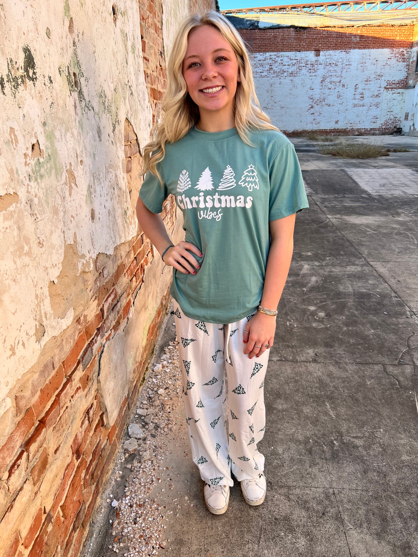 Christmas Pajamas Tree Printed Tee and Pants Lounge Set-fashionworks-Christmas tote ct2,FD 12/03/24-The Twisted Chandelier