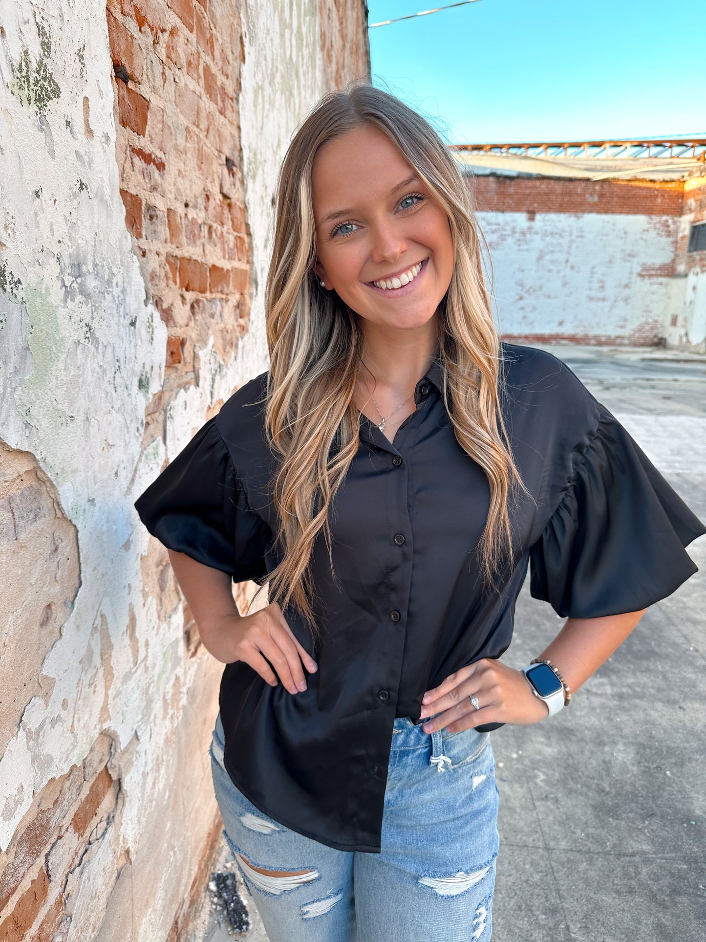Sloan Satin Drop Shoulder Puffed Sleeves Top-Shirt-jodifl--The Twisted Chandelier