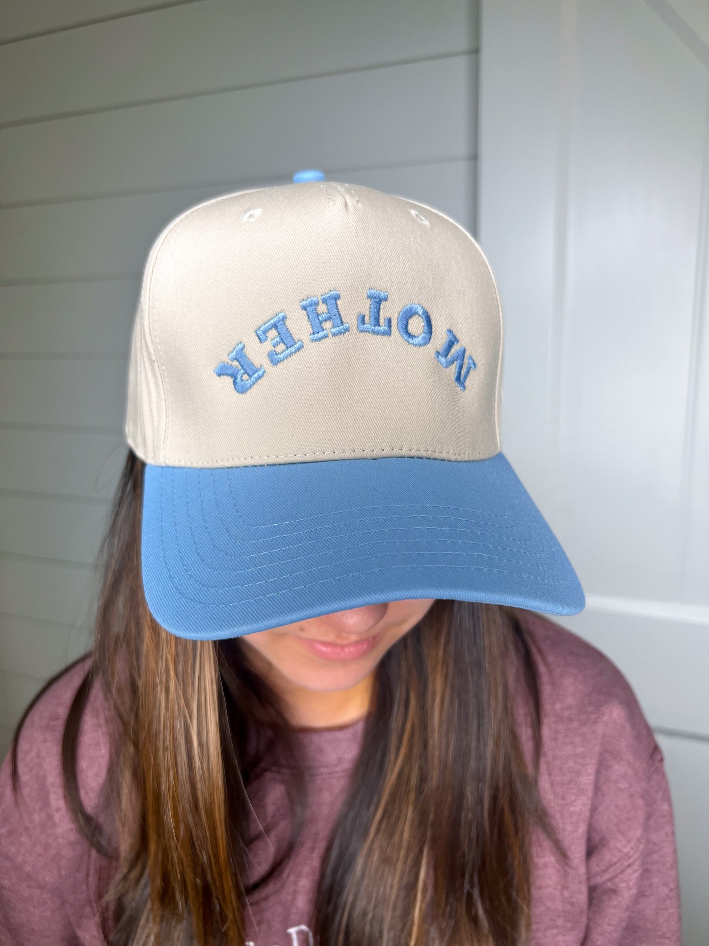 MOTHER Upside Down Mother's Day Two-Toned Vintage Hat-Katydid-FD 05/13/25-Light Blue and Tan-The Twisted Chandelier