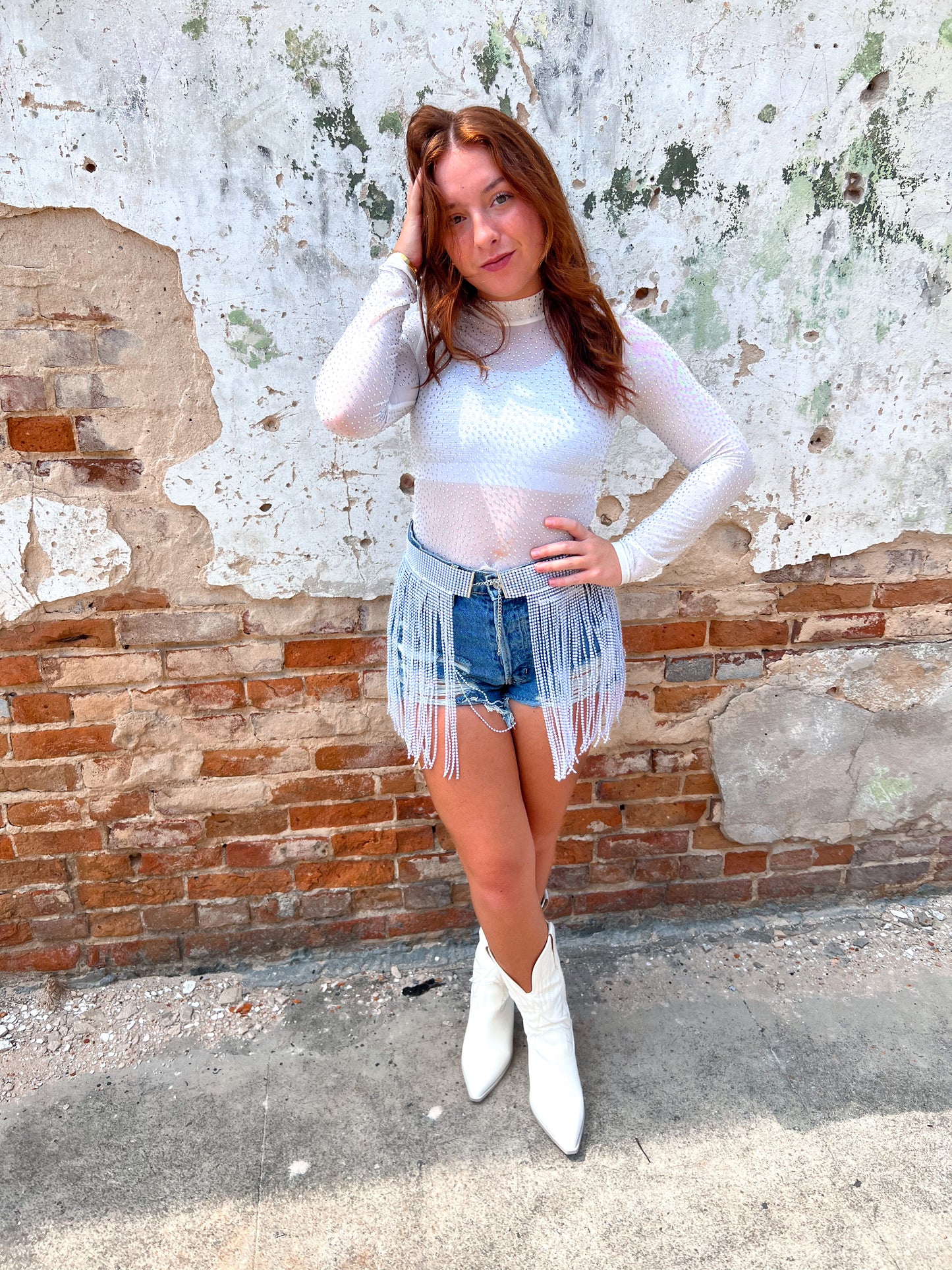 White Rhinestone Fringed Cover Up Skirt -White-Belts-Lucky & blessed-05/27/24,1st md,Accessories,Bin C2,western & concert-The Twisted Chandelier