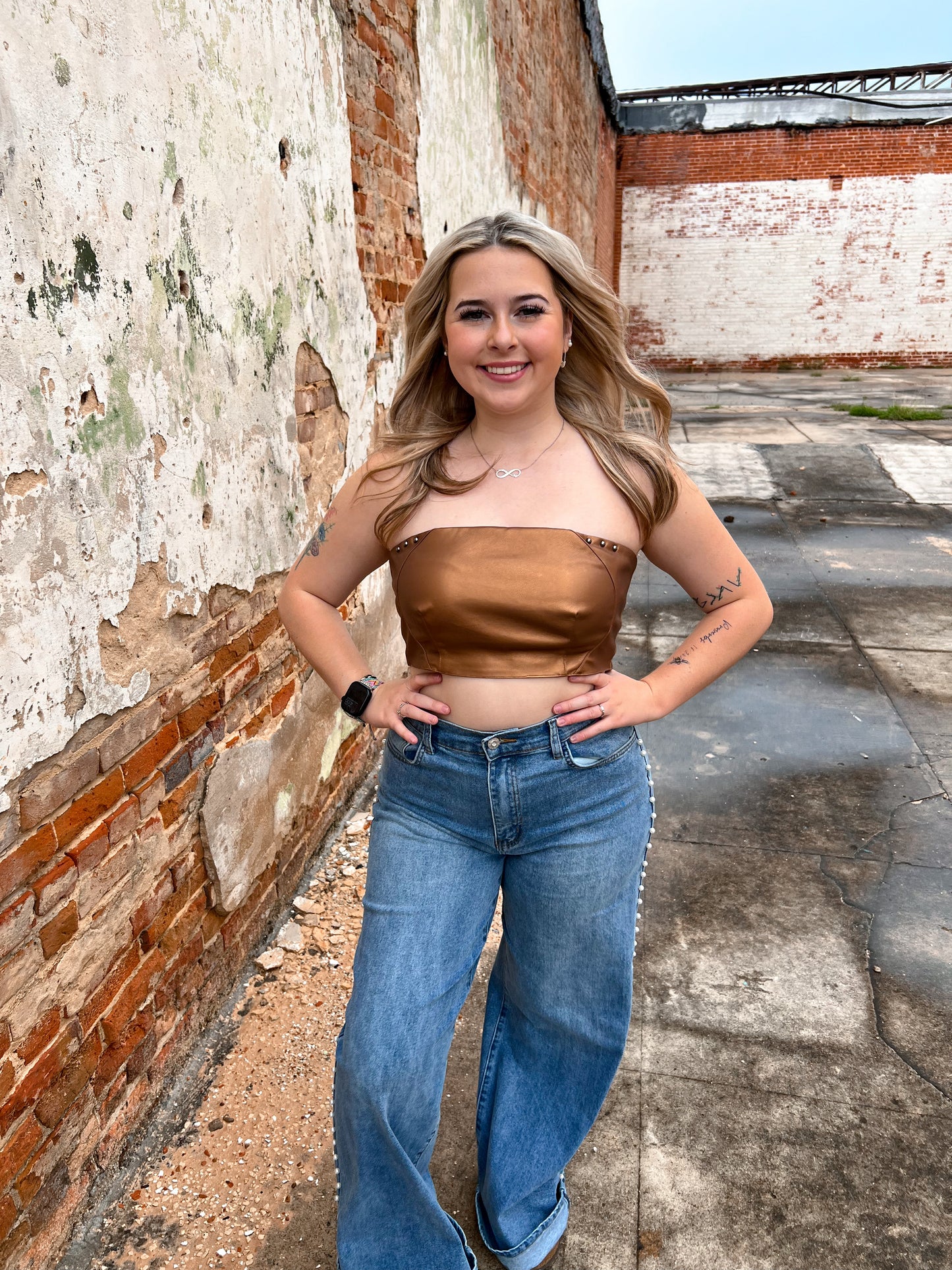 Charlie Faux Leather Studded Buckle Crop Tube Top-Tube Top-blue b.-08/08/24,1st md,34910T,BIN A2,Max Retail,Tops Collection,western & concert-The Twisted Chandelier