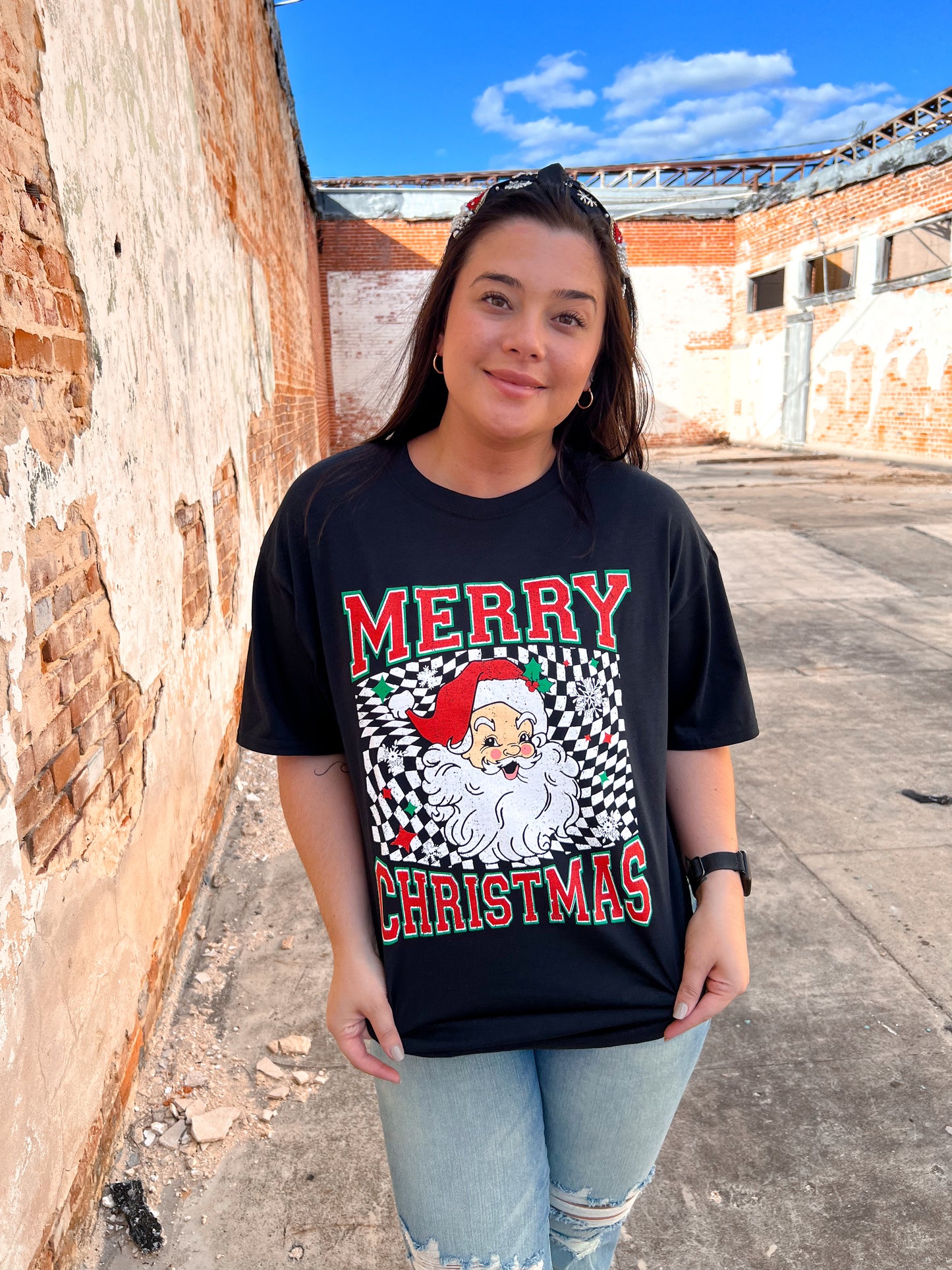 Checkerboard Santa Graphic T-Shirt-Top-Tees2urdoor-BIN B3, BIN D2-The Twisted Chandelier