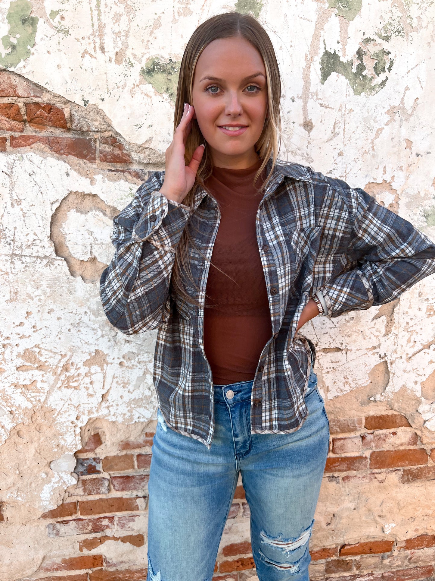 Bernice Cuff Detail Plaid Oversized Button Up Shirt - Grey-Top-VERY J--The Twisted Chandelier