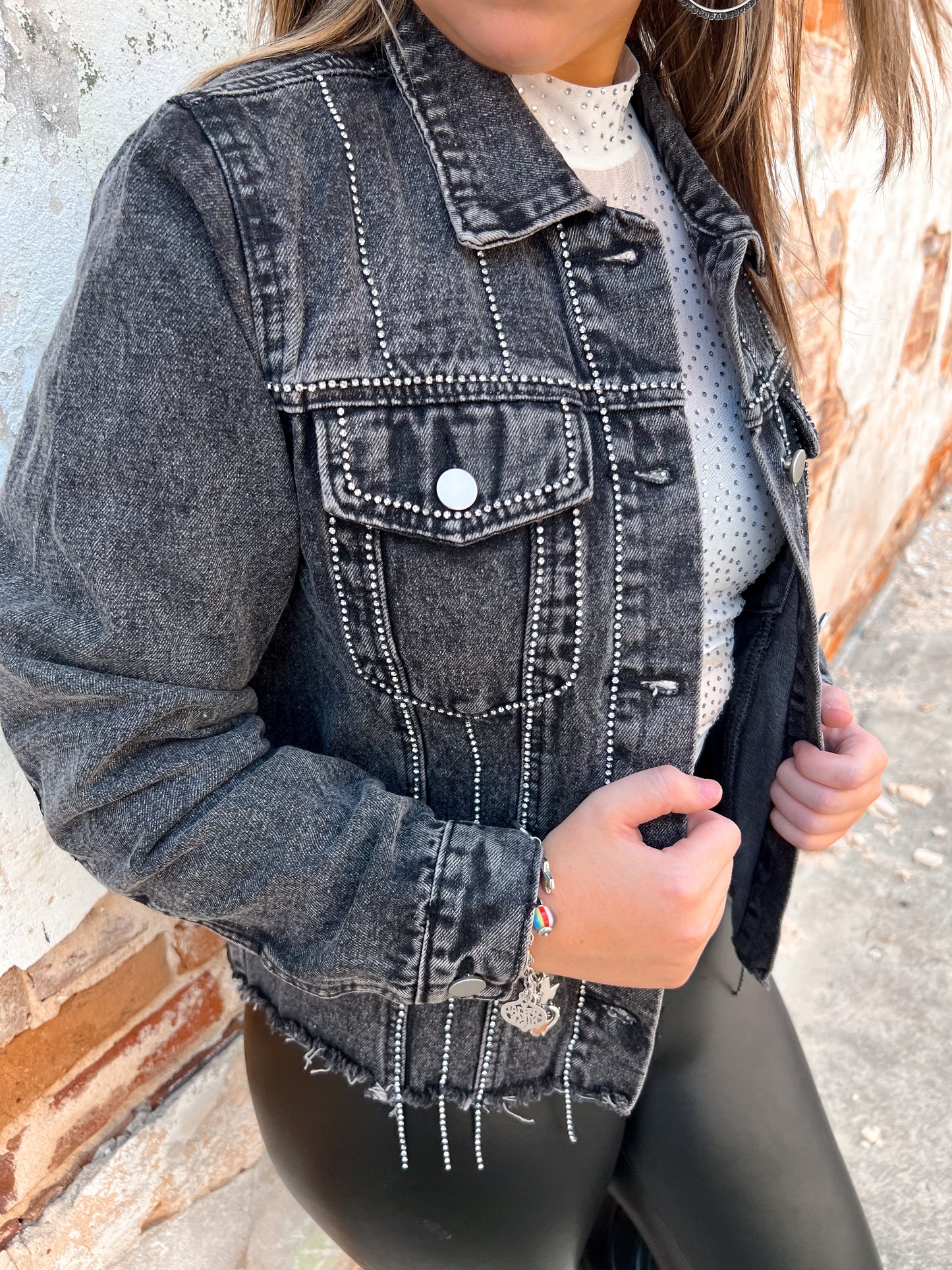 Sofia Denim Jacket with Diamond Trim Detail-Jacket-Andree-09/12/23, BIN C2, BIN D2-The Twisted Chandelier