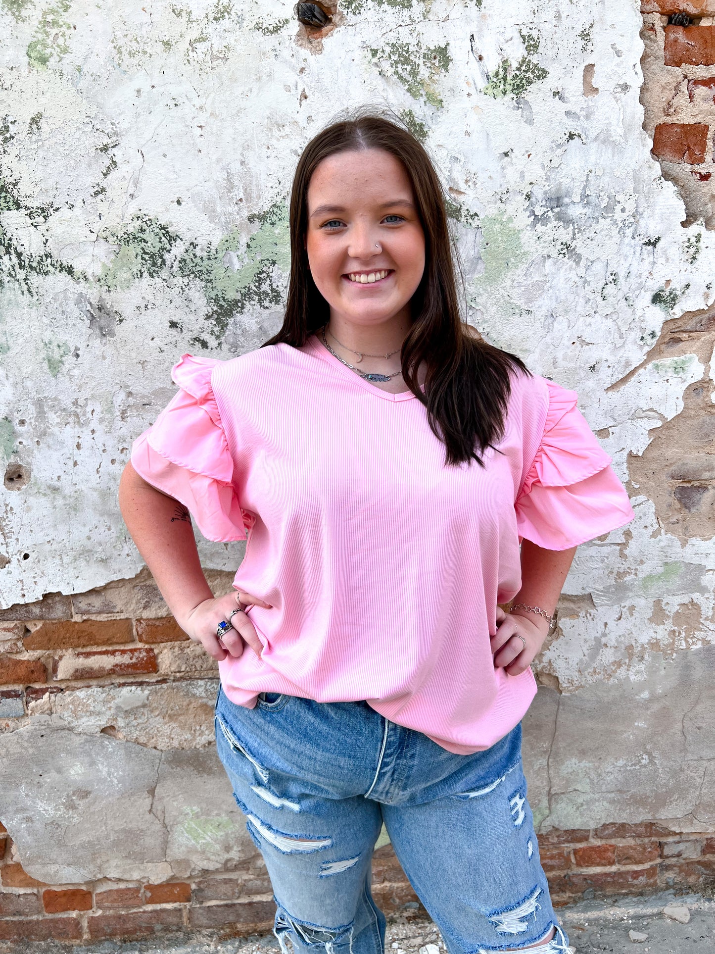 Leala Ribbed Top With Ruffle Sleeves-Top-Southern Grace Wholesale-7/11/23-The Twisted Chandelier