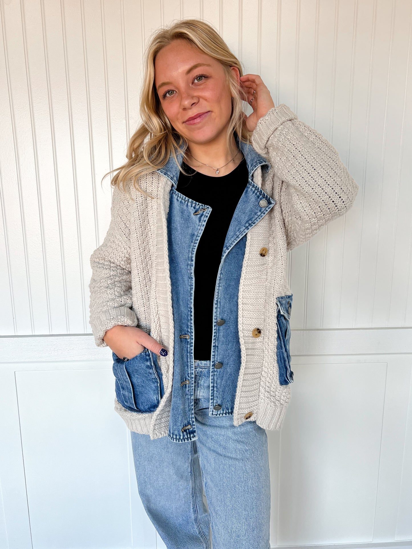 Adeline Knit Body Denim Layerd Jacket-Veveret-FD 12/22/25,Tops Collection-The Twisted Chandelier