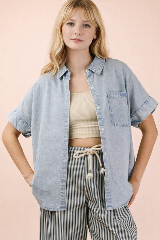 Oakley Mineral Washed Chambray Oversized Shirt Top-Top-VERY J-NT12493,Tops Collection-Small-The Twisted Chandelier