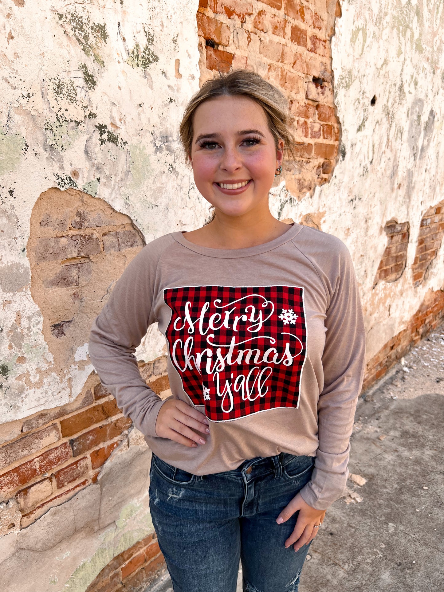 Merry Christmas Y'all Buffalo Plaid on Beige Top-BLOUSE TOP-Southern Grace Wholesale-BIN C4-The Twisted Chandelier