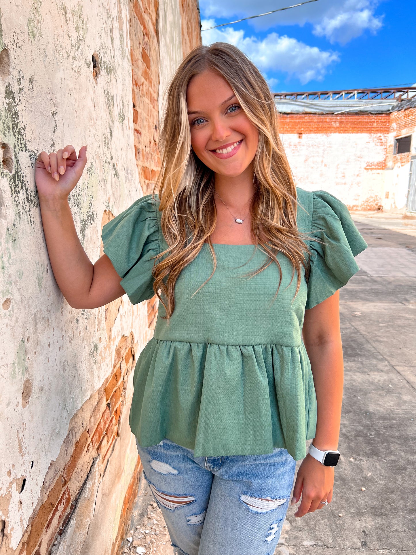 Lenni Textured Solid Square Neck Peplum Top Featuring Ruffle Sleeves.-Top-Entro-7/25/23-The Twisted Chandelier