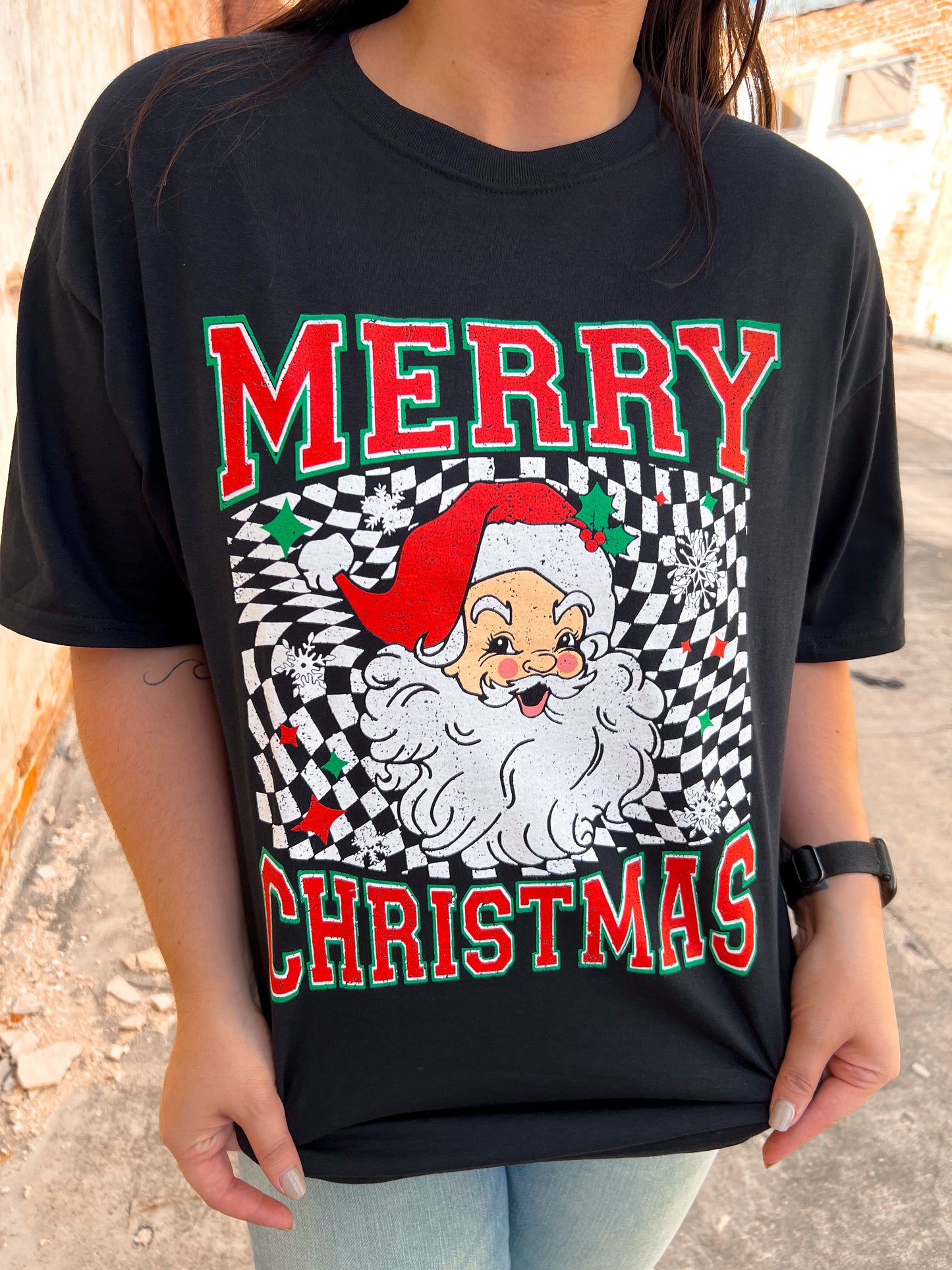 Checkerboard Santa Graphic T-Shirt-Top-Tees2urdoor-BIN B3, BIN D2-The Twisted Chandelier