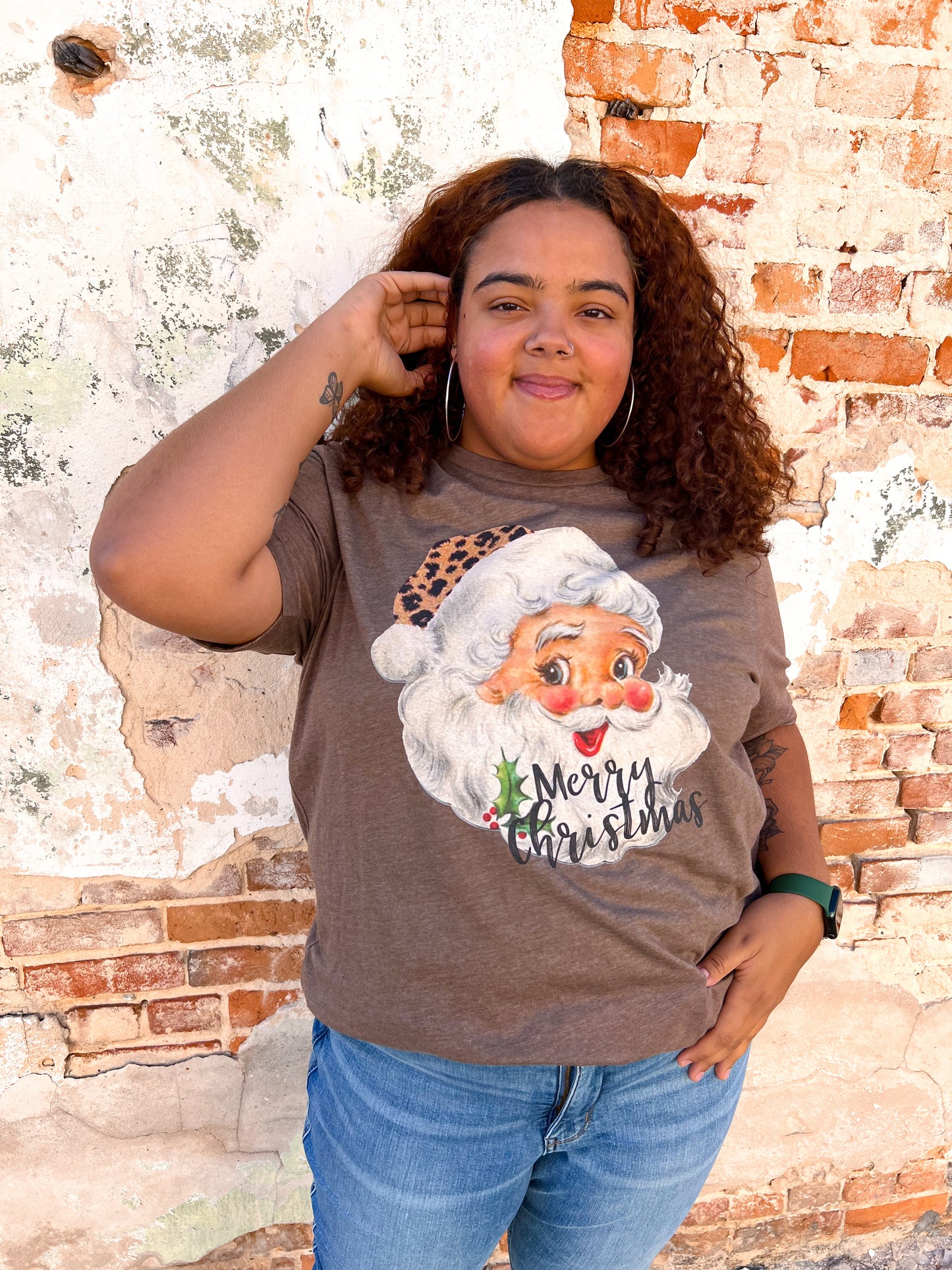 Merry Christmas Vintage Leopard Santa Graphic Tee - Plus-Shirts & Tops-Kissed Apparel-BIN C1, white-The Twisted Chandelier