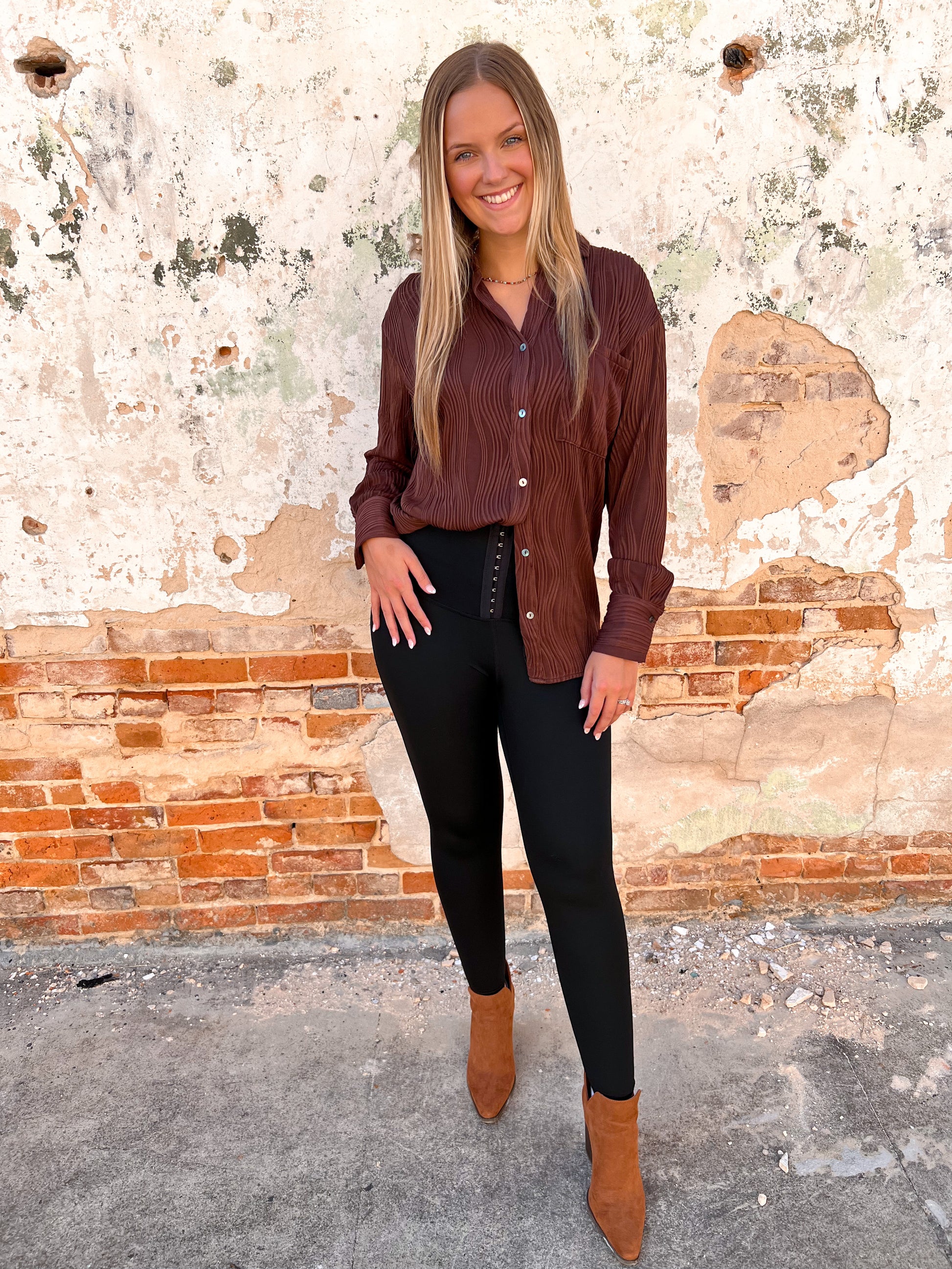 Bella Solid Textured Long Sleeve Button Up Top - Chocolate-TOP-Entro-Max Retail-The Twisted Chandelier