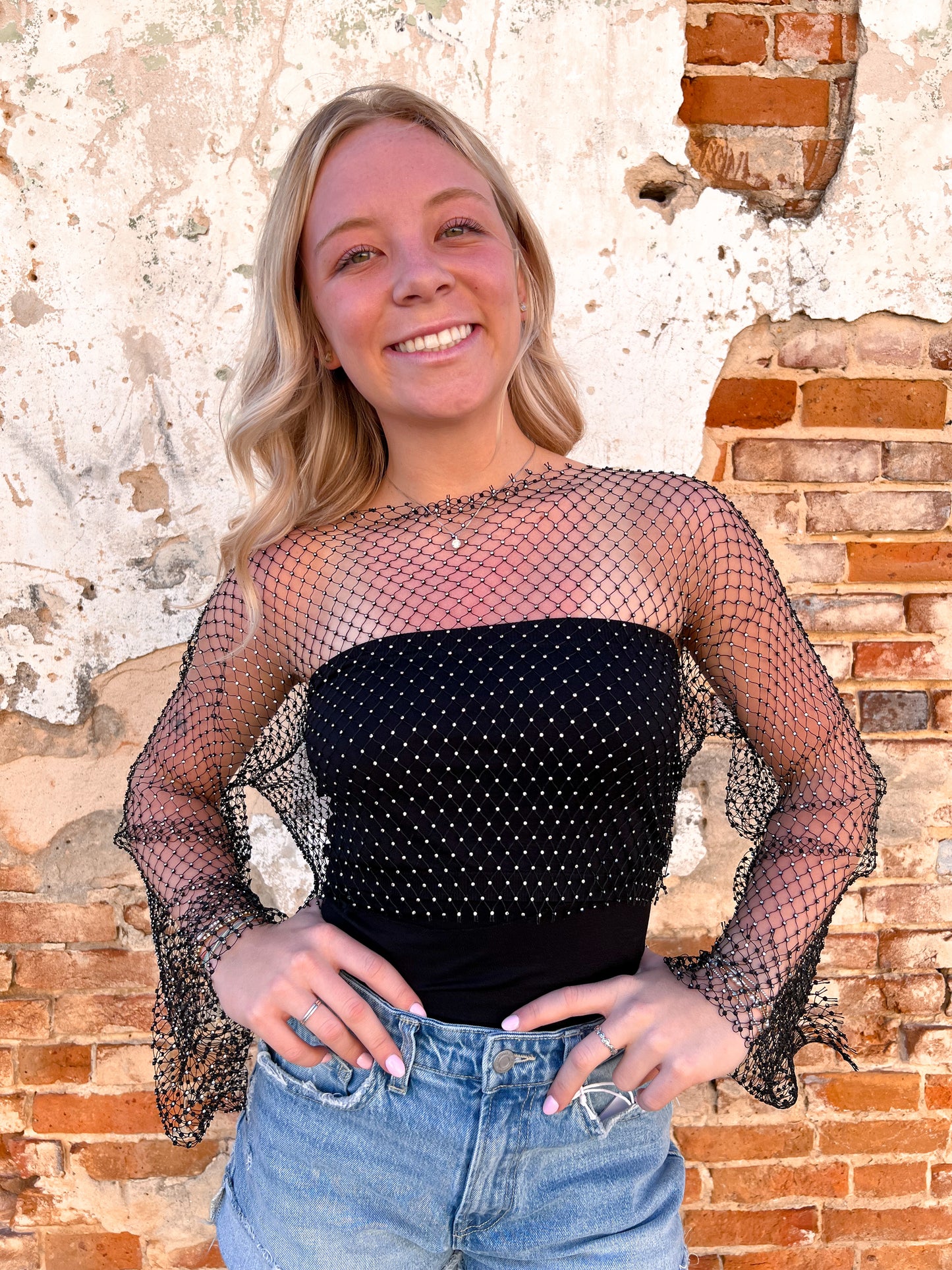 Rhinestone Embellished Fishnet Top - Black-Sheer Top-Sweetkama-BIN D4,FD 03/18/25,Tops Collection-The Twisted Chandelier