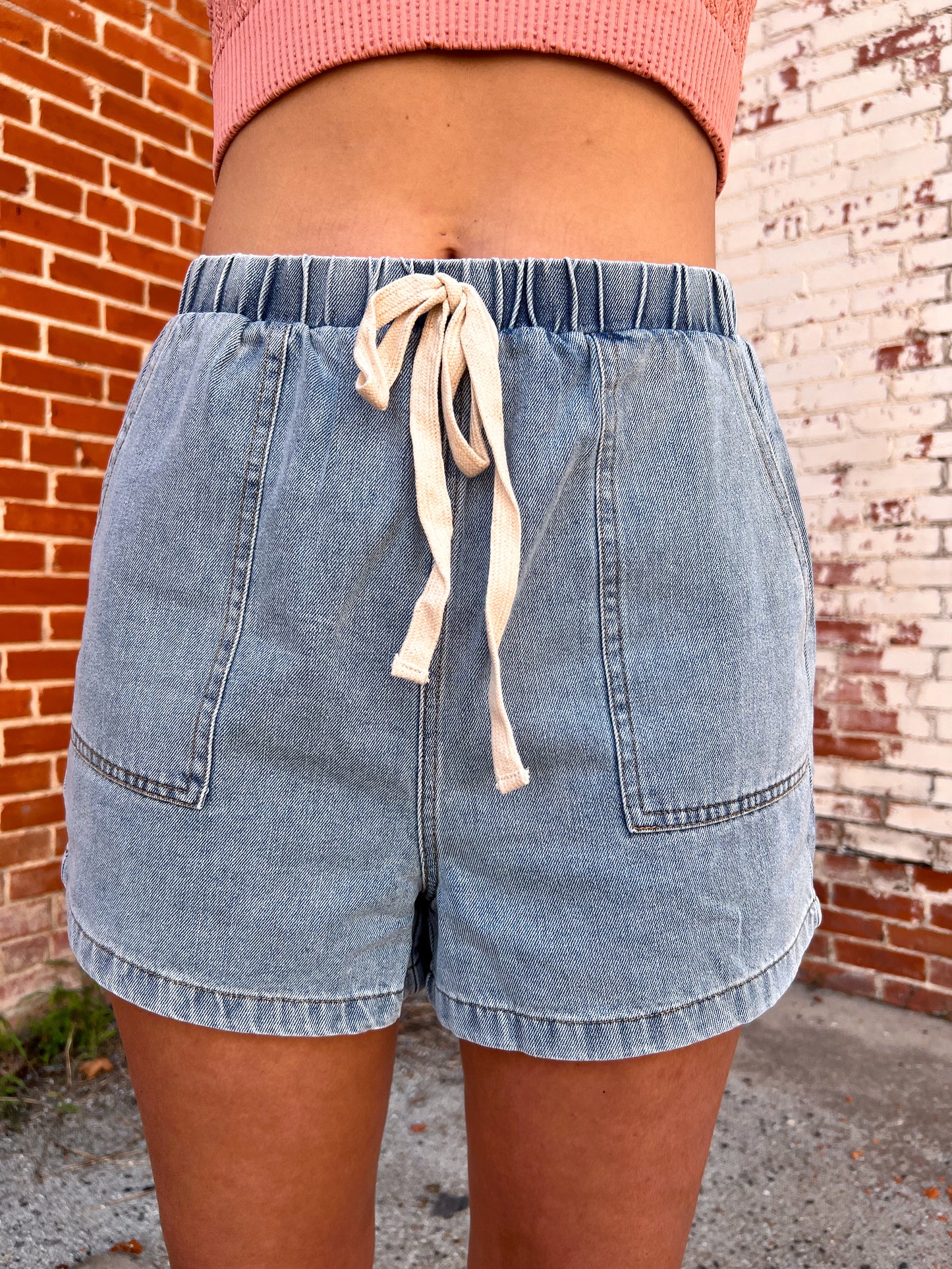 Brenda Washed Denim Shorts with Elastic Waist Band-She & Sky-06/30/25,1st md,Bin C5,bottoms,FD 06/03/25,OGP 49.99,Shorts,SY8960-The Twisted Chandelier