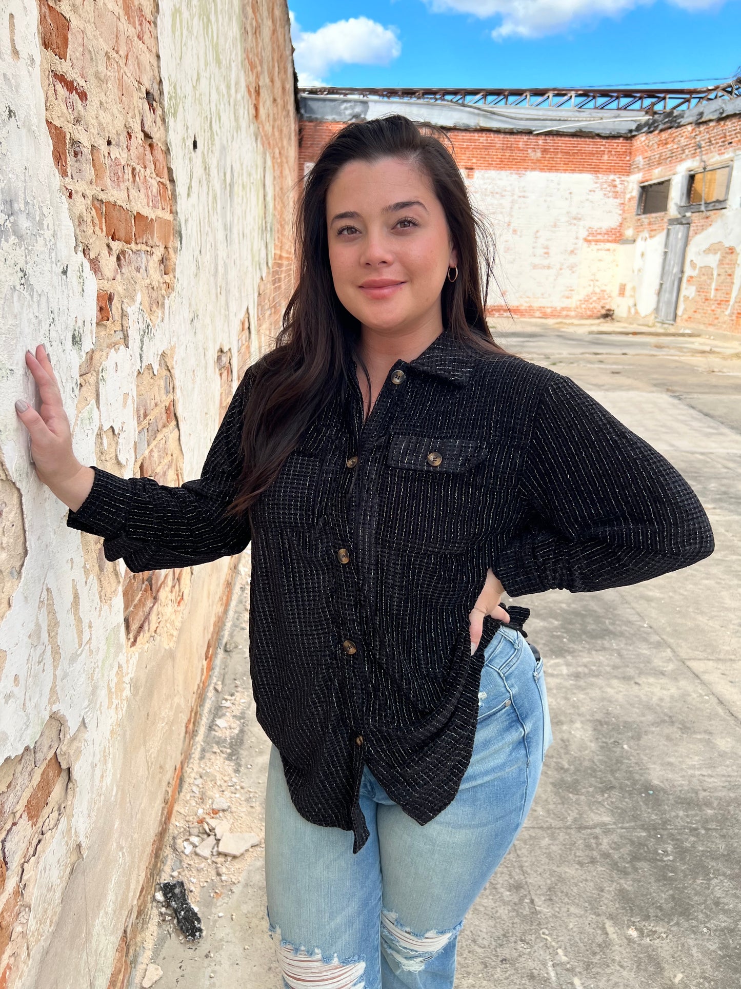 Maria Sparkly Button Up Top-Apparel & Accessories-Southern Grace Wholesale--The Twisted Chandelier