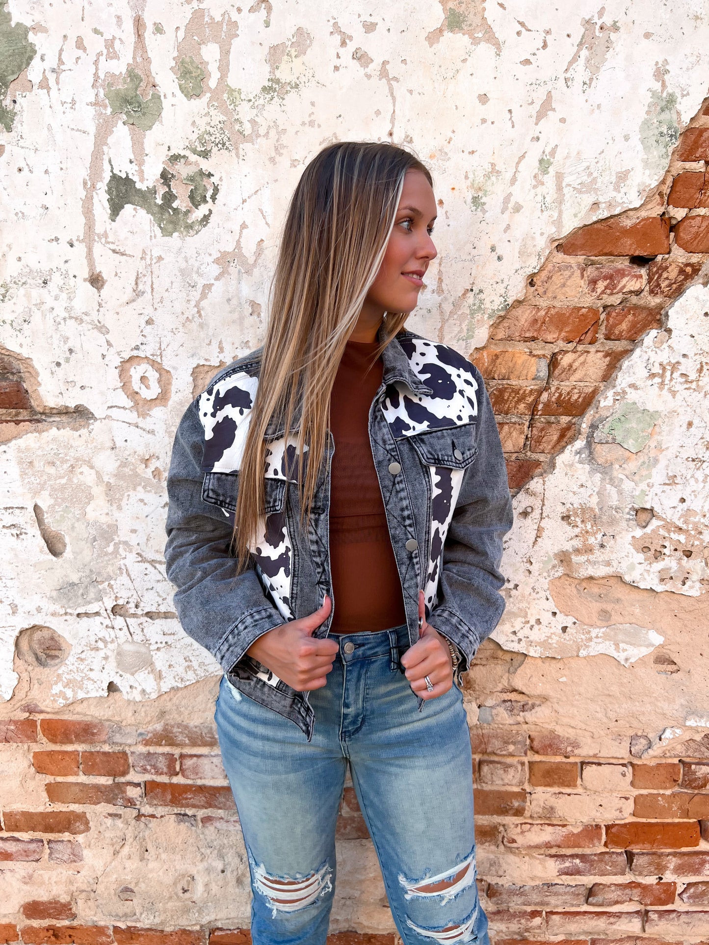 Abigail Black Denim Jacket With Cow Print Suede-Jacket-Andree-BIN D1-The Twisted Chandelier