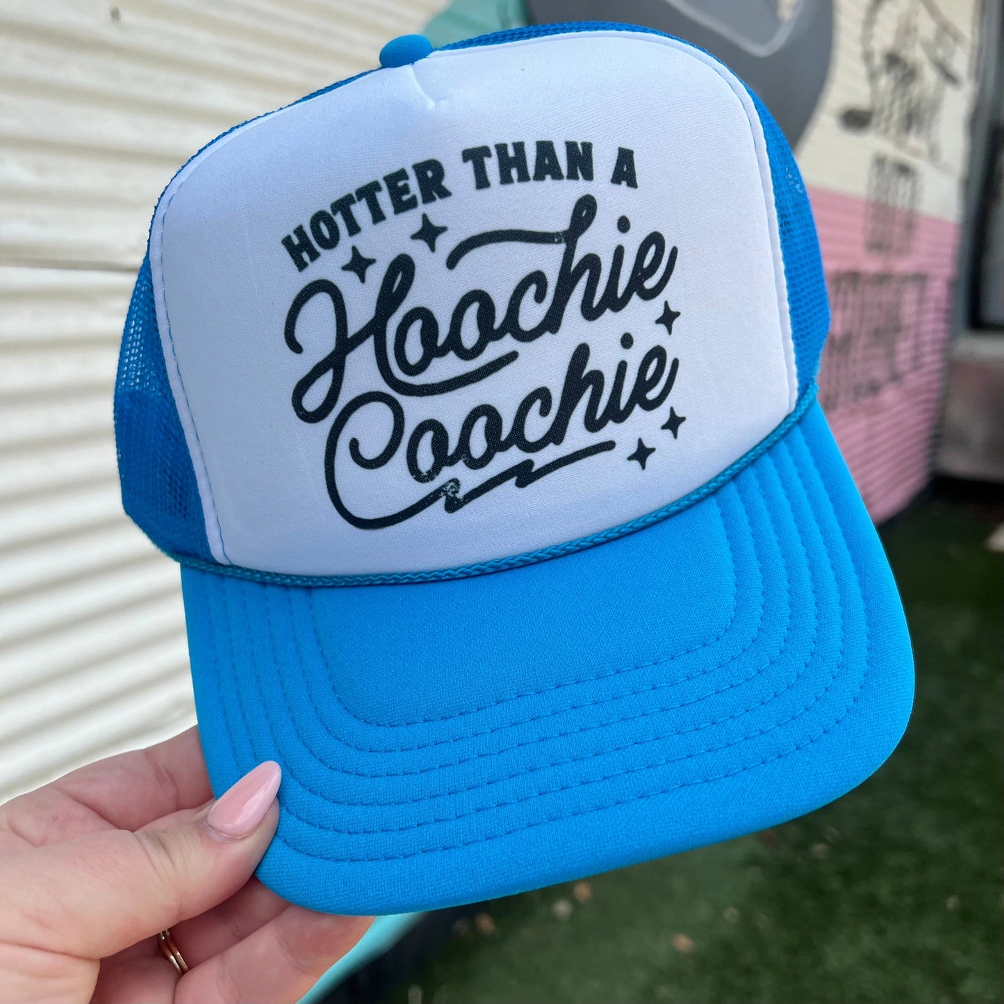Hotter Than A Hoochie Coochie Snapback Foam Trucker Hat-Trucker Hat-Turquoise & Tequila-CR 04/21/25-The Twisted Chandelier