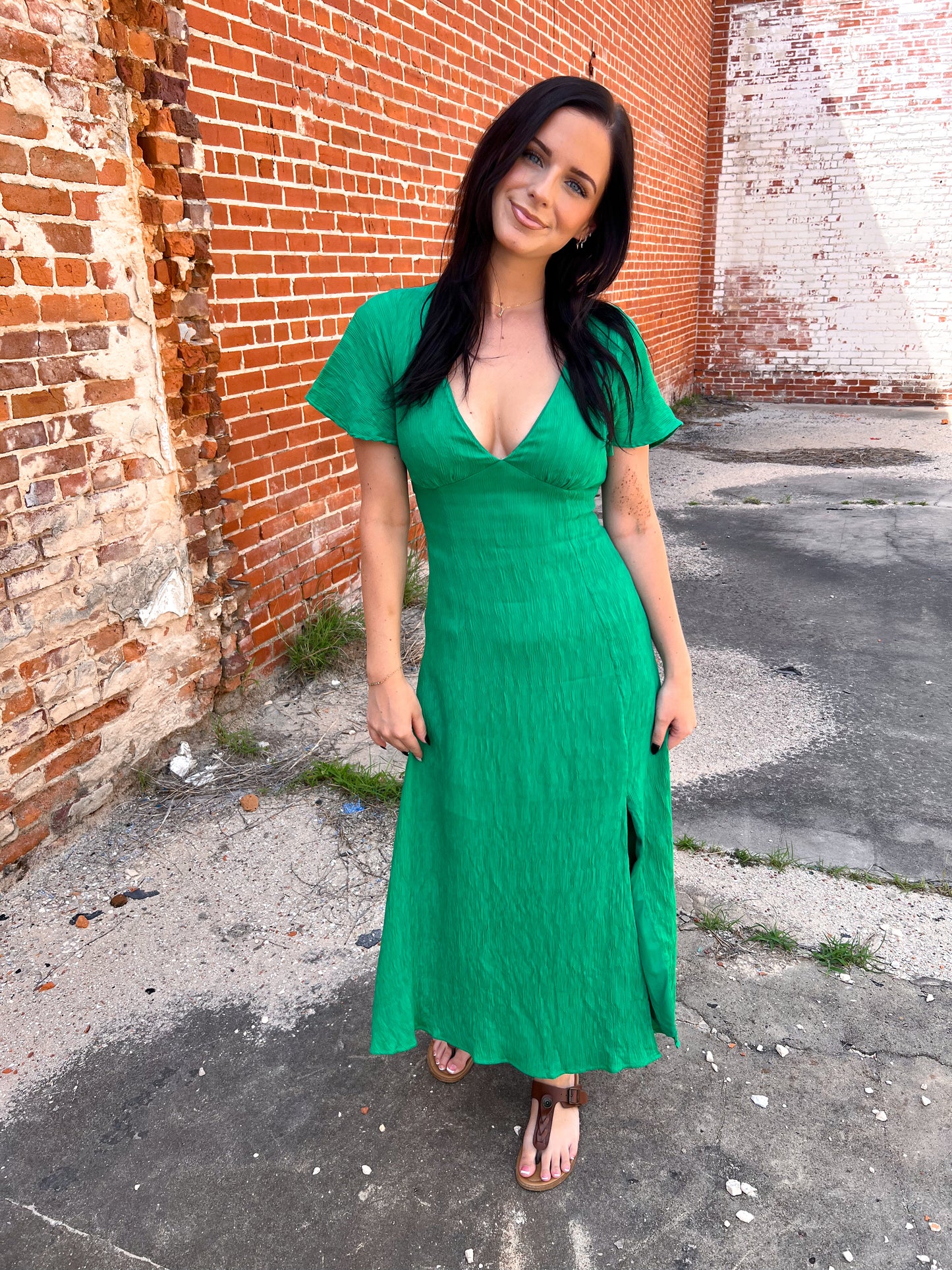 Viviana Long Green V-Neck Dress-Dresses-B. right-12/02/24,1st md,Bin B3,CLD311097,DJR,Fd 05/21/24-The Twisted Chandelier