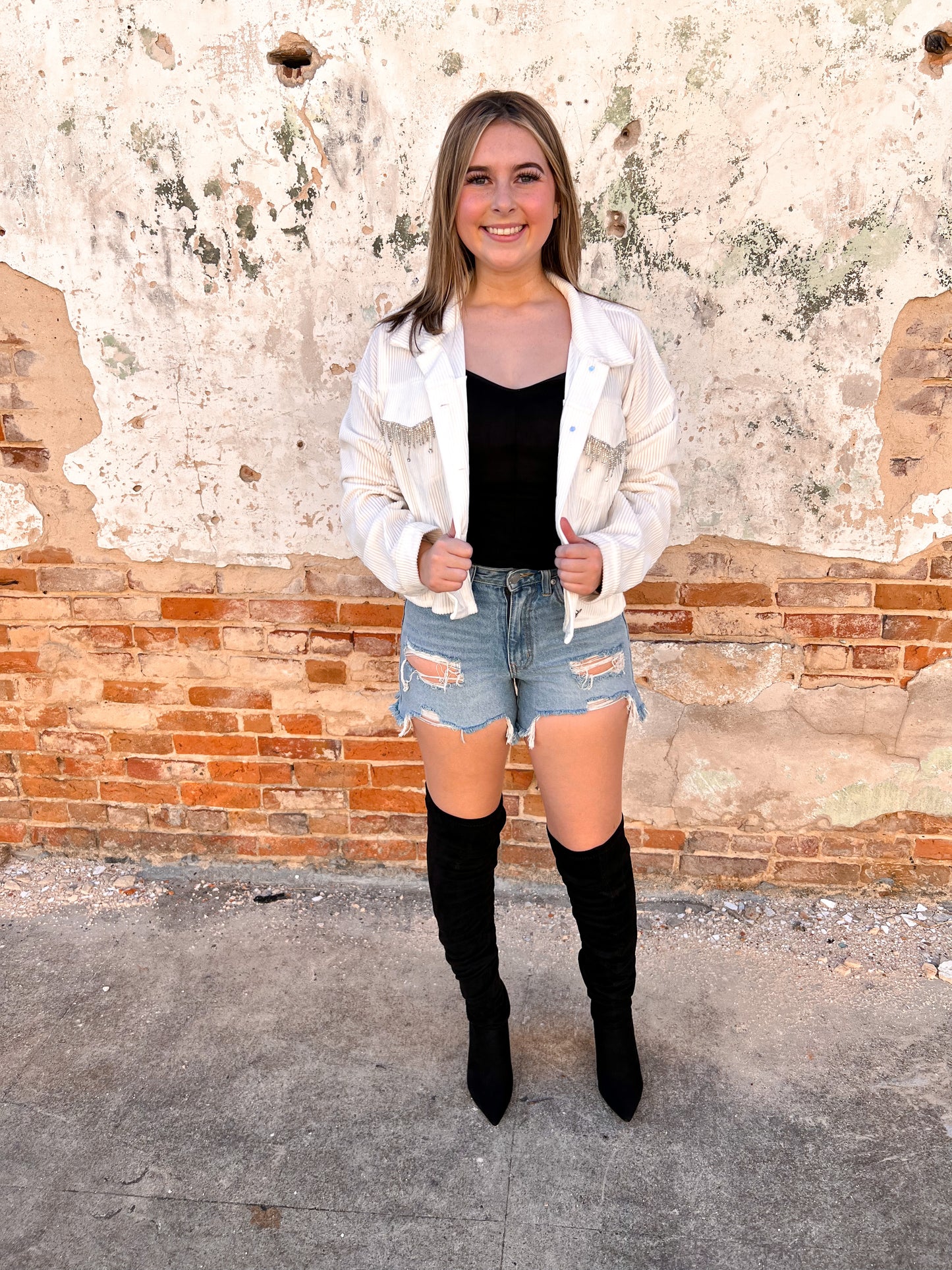 Natalie Rhinestone Cropped Jacket - White-Jacket-Andree-BIN C2-The Twisted Chandelier