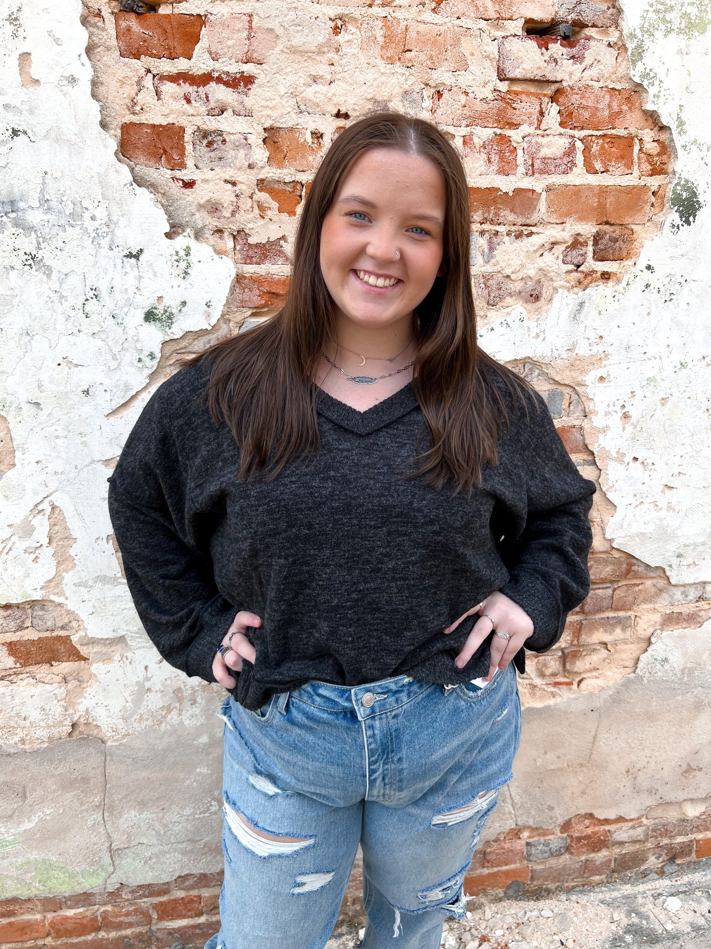 Willa V Neck Sweater - Charcoal - Plus Size-Shirts & Tops-CY Fashion-blue, FAVES, M5107, M5107P, NOV2021, t5-The Twisted Chandelier