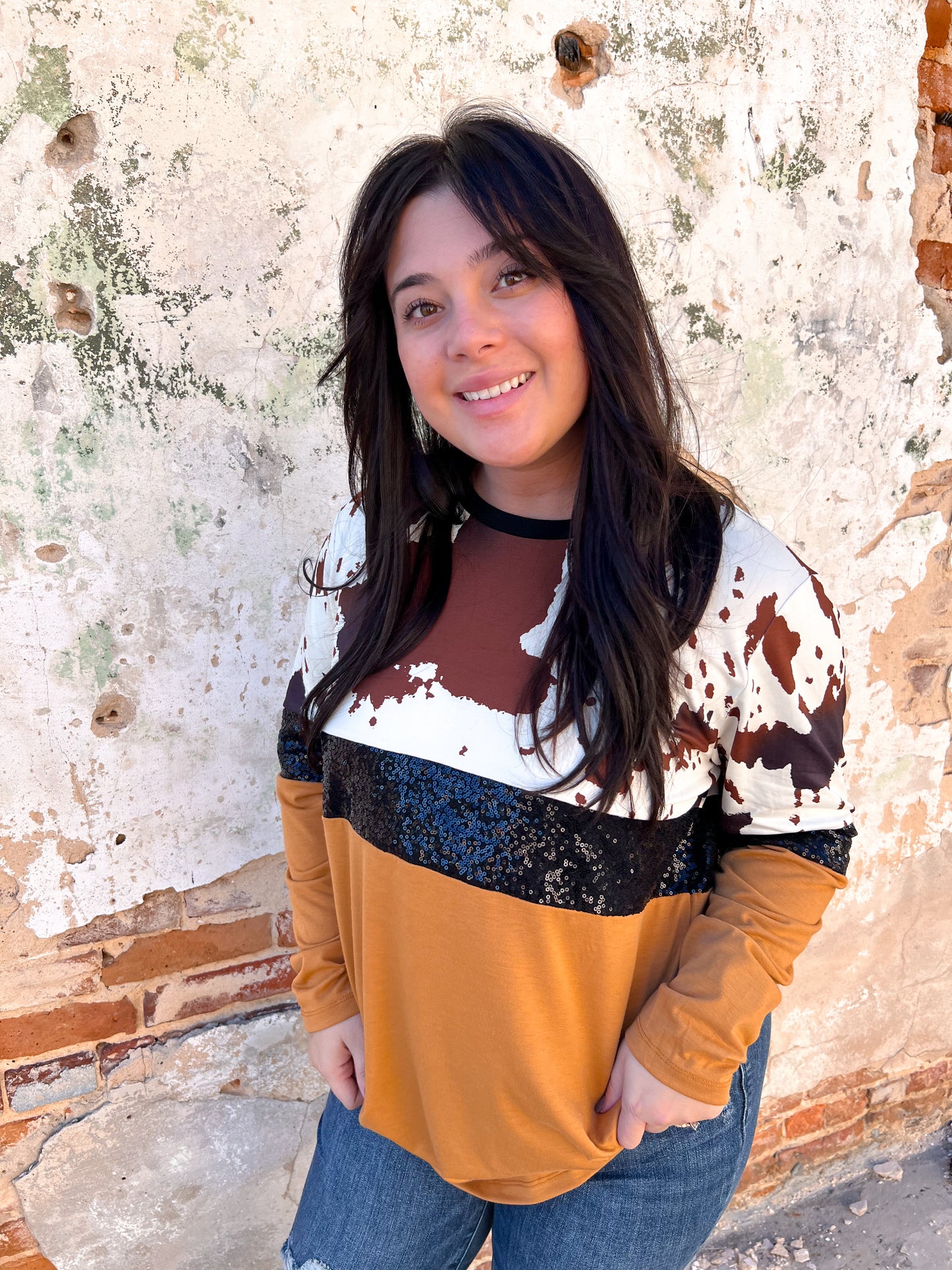 June Cow Print and Sequin Top-Top-Your Fashion Wholesale-FD OCT312022, LEOPARD, t6, winter-The Twisted Chandelier