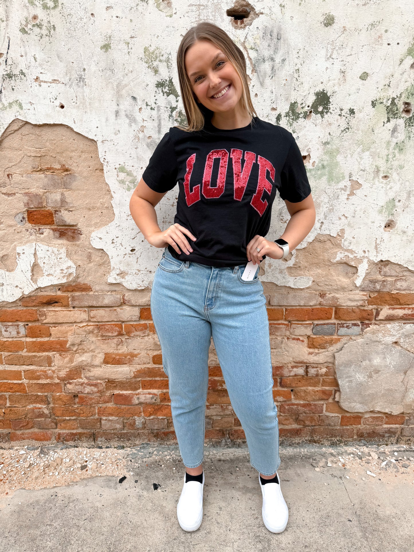 Black Arched Love Short Sleeve Embroidered Patch Tee-Graphic T-Shirt-Southern Belle Wholesale-BIN A5,Max Retail,Tops Collection-The Twisted Chandelier