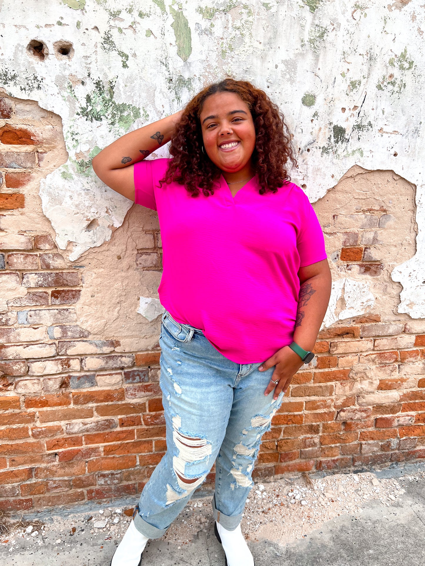 Taya Solid V-Neck Top - Pink-BLOUSE TOP-Entro-8/22/23, BIN B3-The Twisted Chandelier